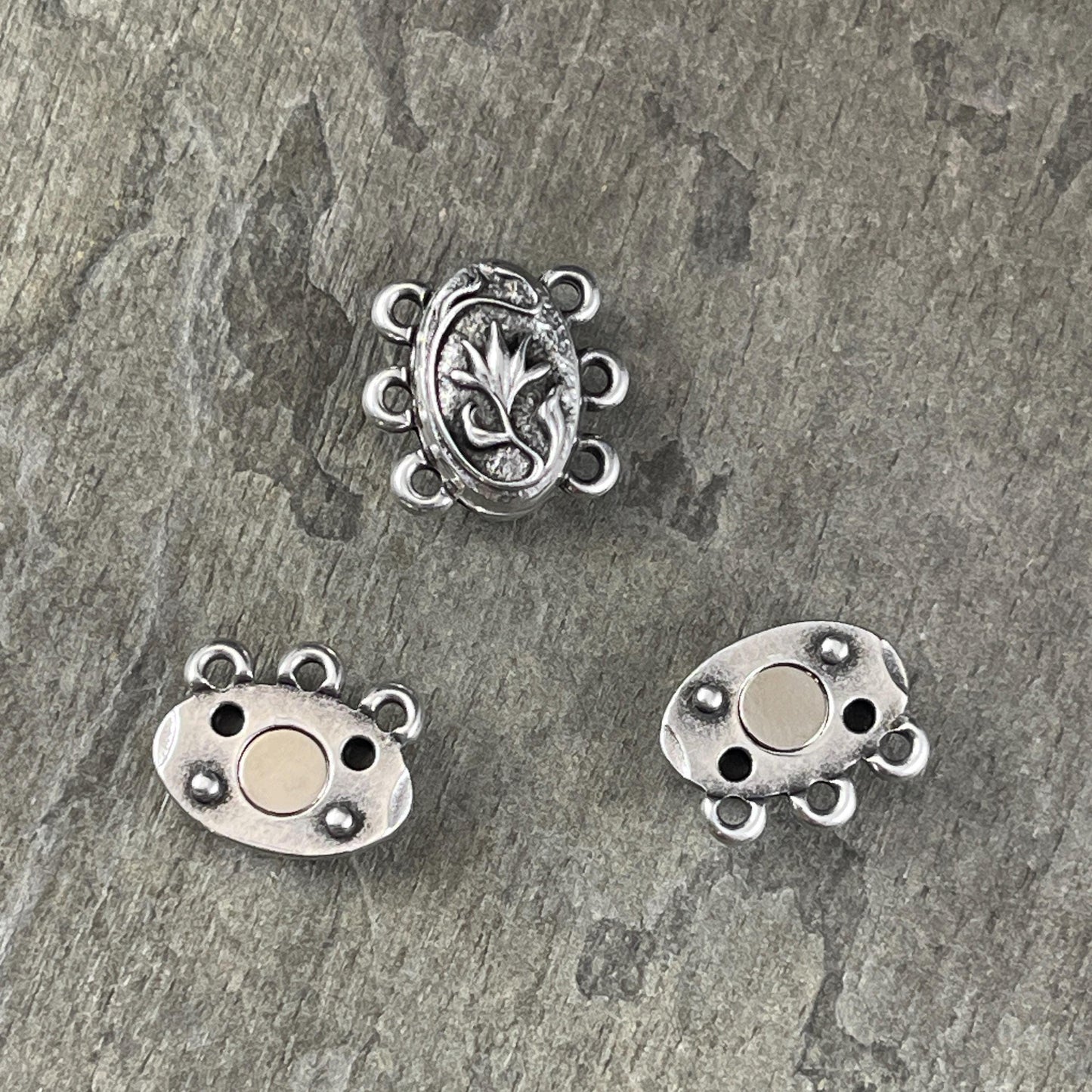 NEW - TierraCast Blossom Collection Magnetic Clasp, Antiqued Silver 15mm Oval Shape 3-Strand Clasp for Jewelry (PF/15212-77) * Qty. 1