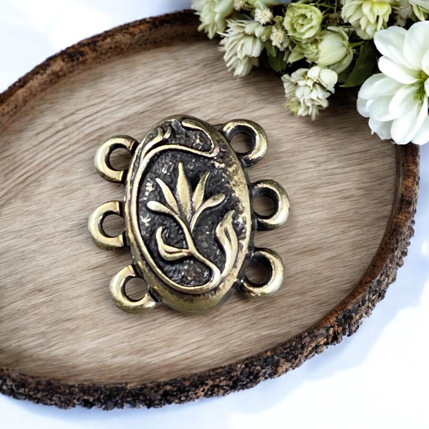 NEW - TierraCast Blossom Collection Magnetic Clasp, Antiqued Brass 15mm Oval Shape 3-Strand Clasp for Jewelry (PF/15212-57) * Qty. 1