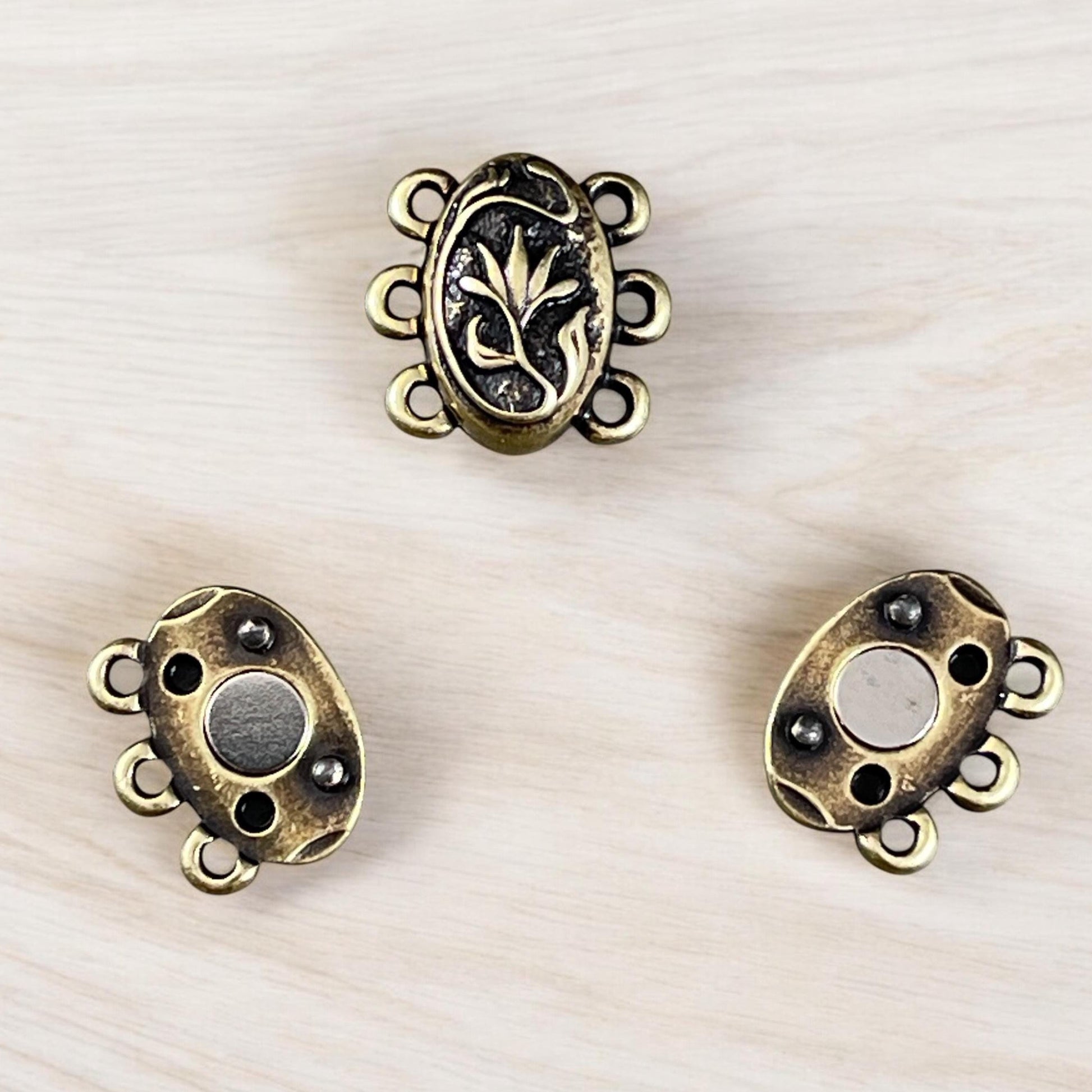NEW - TierraCast Blossom Collection Magnetic Clasp, Antiqued Brass 15mm Oval Shape 3-Strand Clasp for Jewelry (PF/15212-57) * Qty. 1