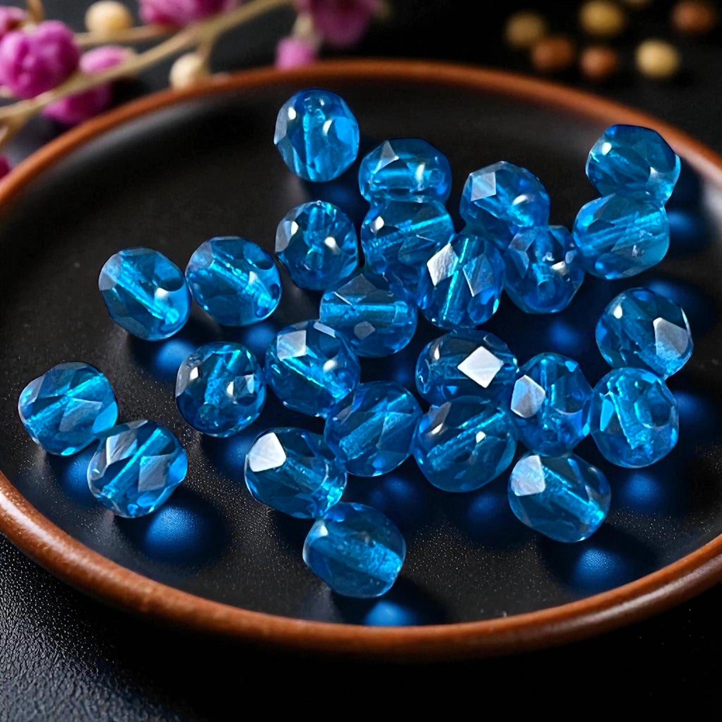 Czech Glass Beads - 6mm Capri Blue Faceted Beads, Transparent Capri Blue Round Beads (FP6/6008) * Qty. 25