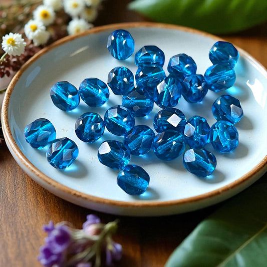 Czech Glass Beads - 6mm Capri Blue Faceted Beads, Transparent Capri Blue Round Beads (FP6/6008) * Qty. 25