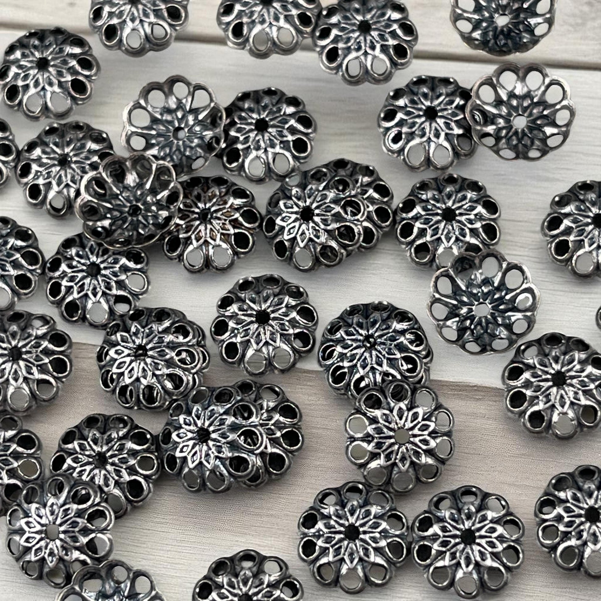 8mm Silver Bead Caps Filigree Bead Caps Low Profile Lacy Bead Caps Antiqued Silver Plated Brass Bead Caps (BC-5634) * Qty. 50