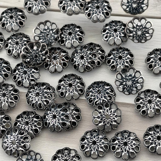 8mm Oxidized Silver-Plated Brass Filigree Bead Caps, Shallow Lacy Bead Caps (BC-5634) * Qty. 30