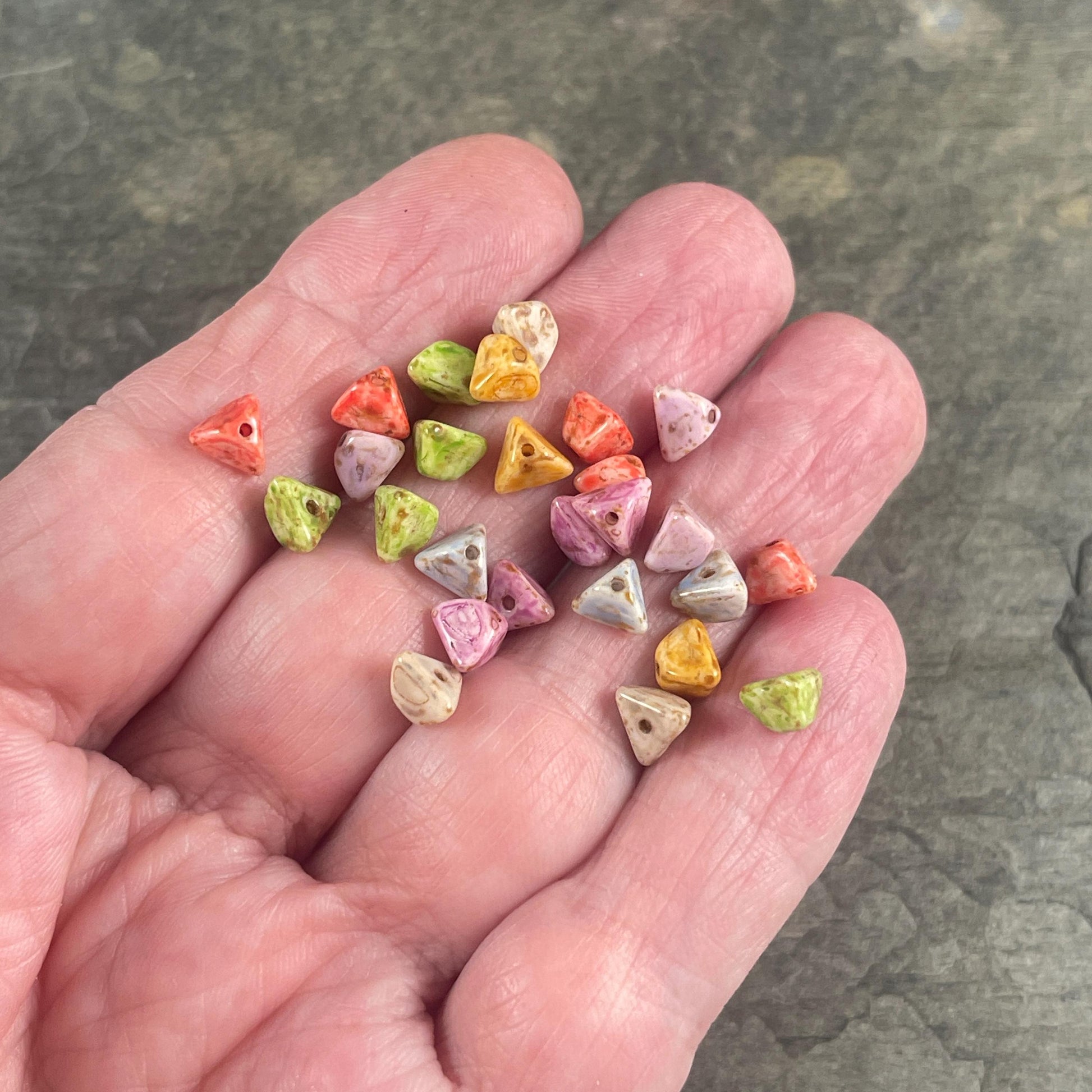 5mm Pyramid Beads, Alabaster with Coral Picasso, Small Triangle Beads (TP8) * 35 Beads