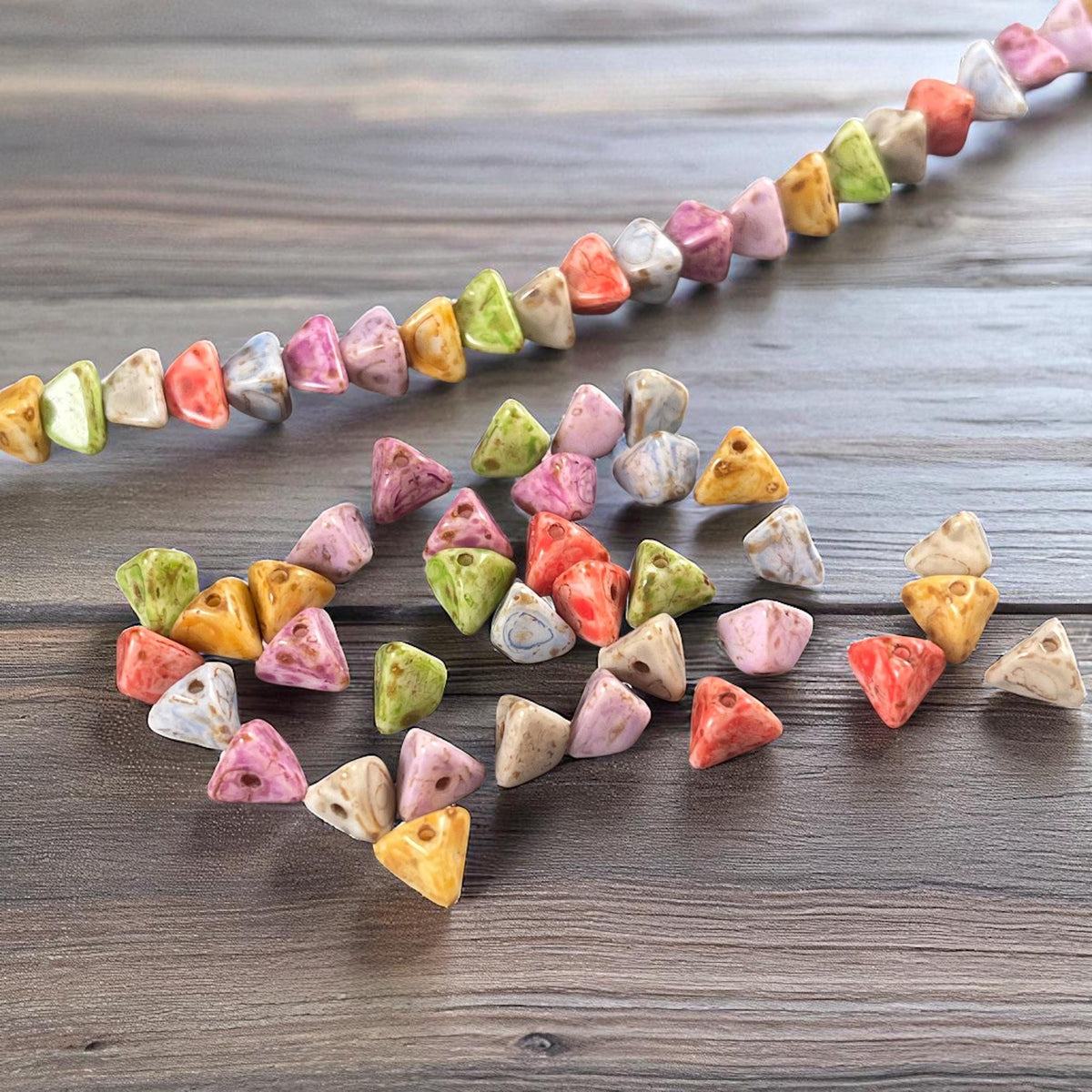 5mm Pyramid Beads, Alabaster with Moss Green Picasso, Small Triangle Beads (TP9) * 35 Beads