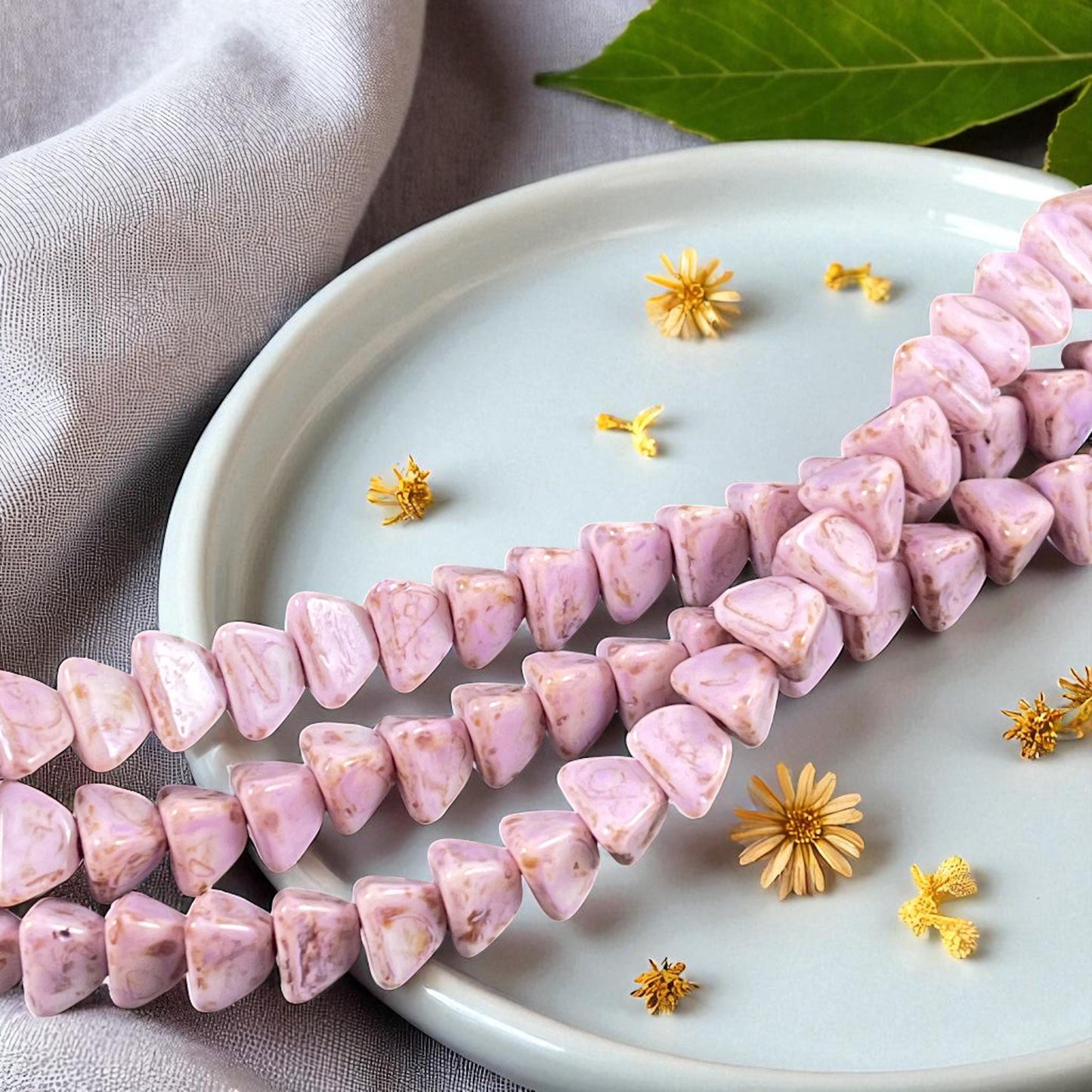 5mm Pyramid Beads, Alabaster with Thistle Purple Picasso, Small Triangle Beads (TP2) * 35 Beads