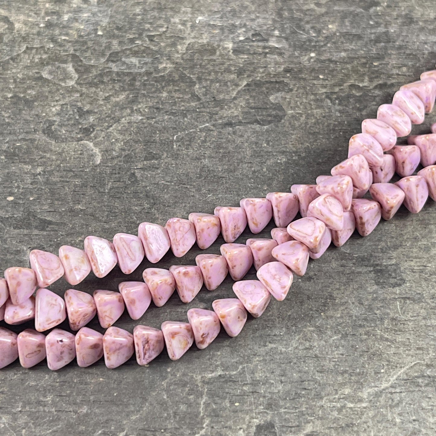 5mm Pyramid Beads, Alabaster with Thistle Purple Picasso, Small Triangle Beads (TP2) * 35 Beads