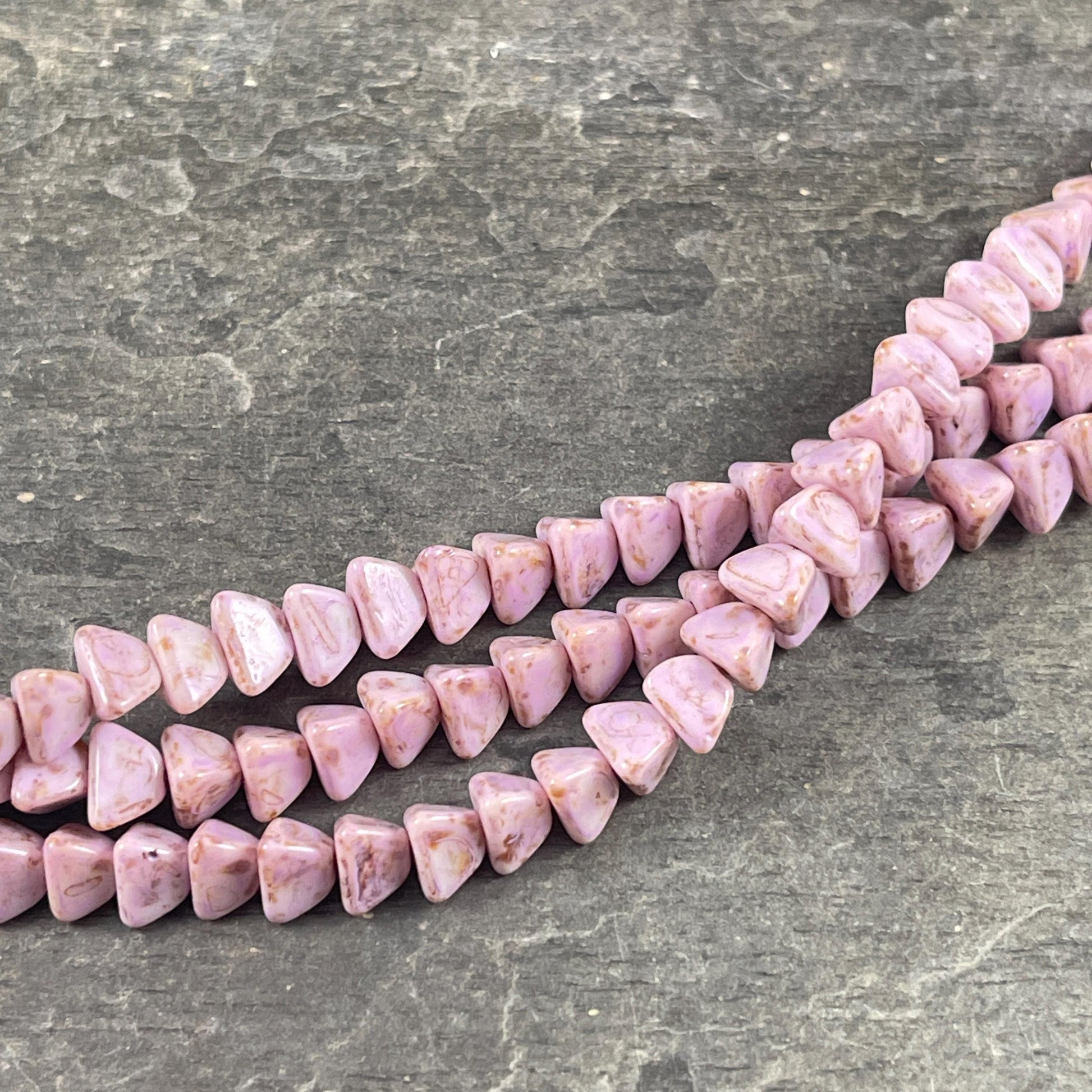5mm Pyramid Beads, Alabaster with Thistle Purple Picasso, Small Triangle Beads (TP2) * 35 Beads