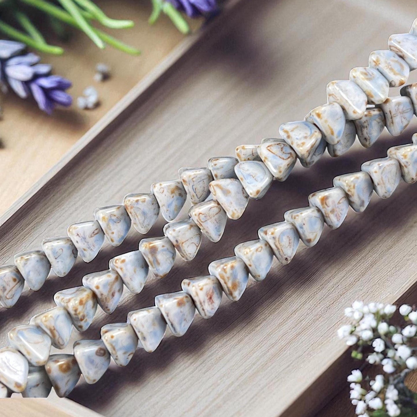 5mm Pyramid Beads, Alabaster with Pale Blue Picasso, Small Triangle Beads (TP5) * 35 Beads