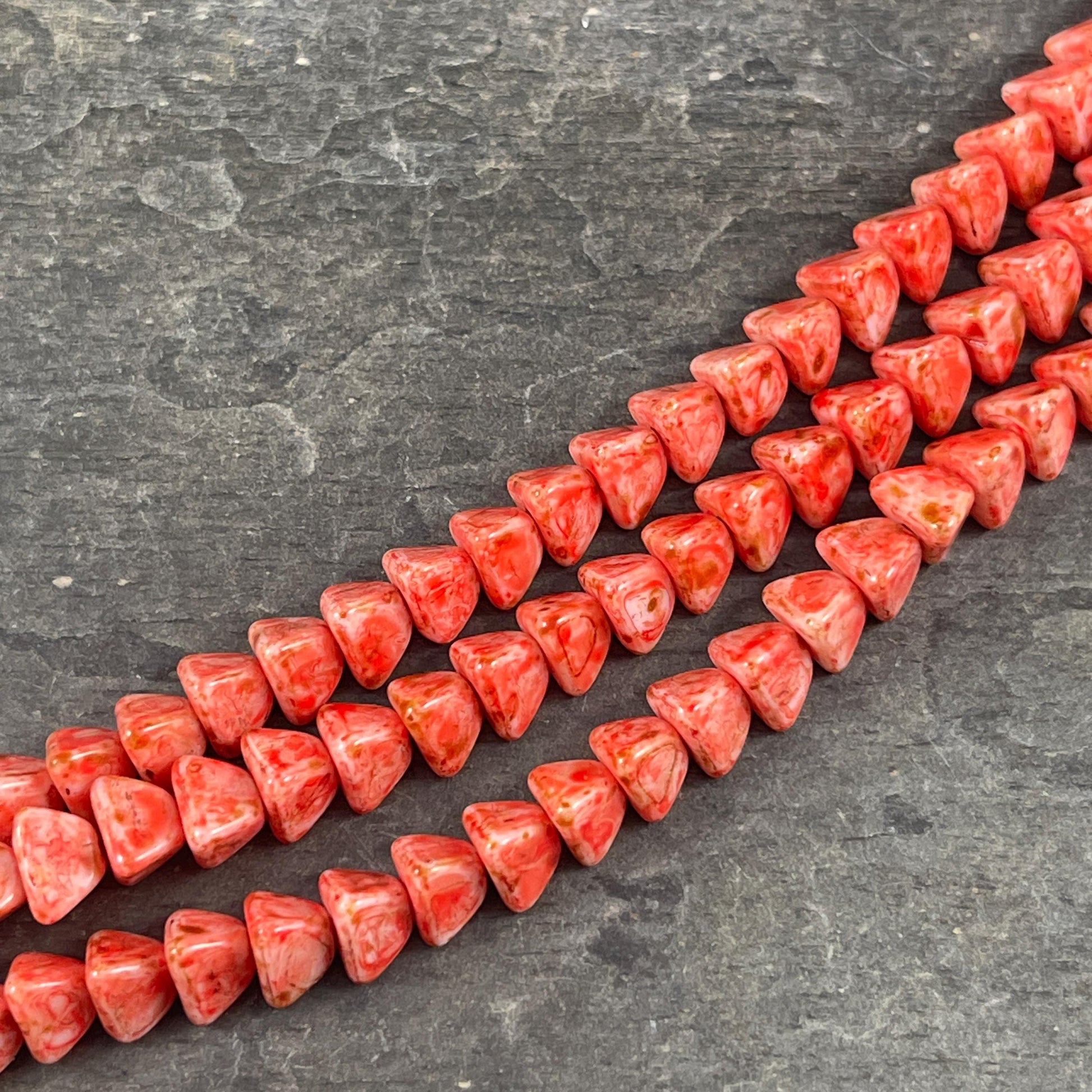 5mm Pyramid Beads, Alabaster with Coral Picasso, Small Triangle Beads (TP8) * 35 Beads
