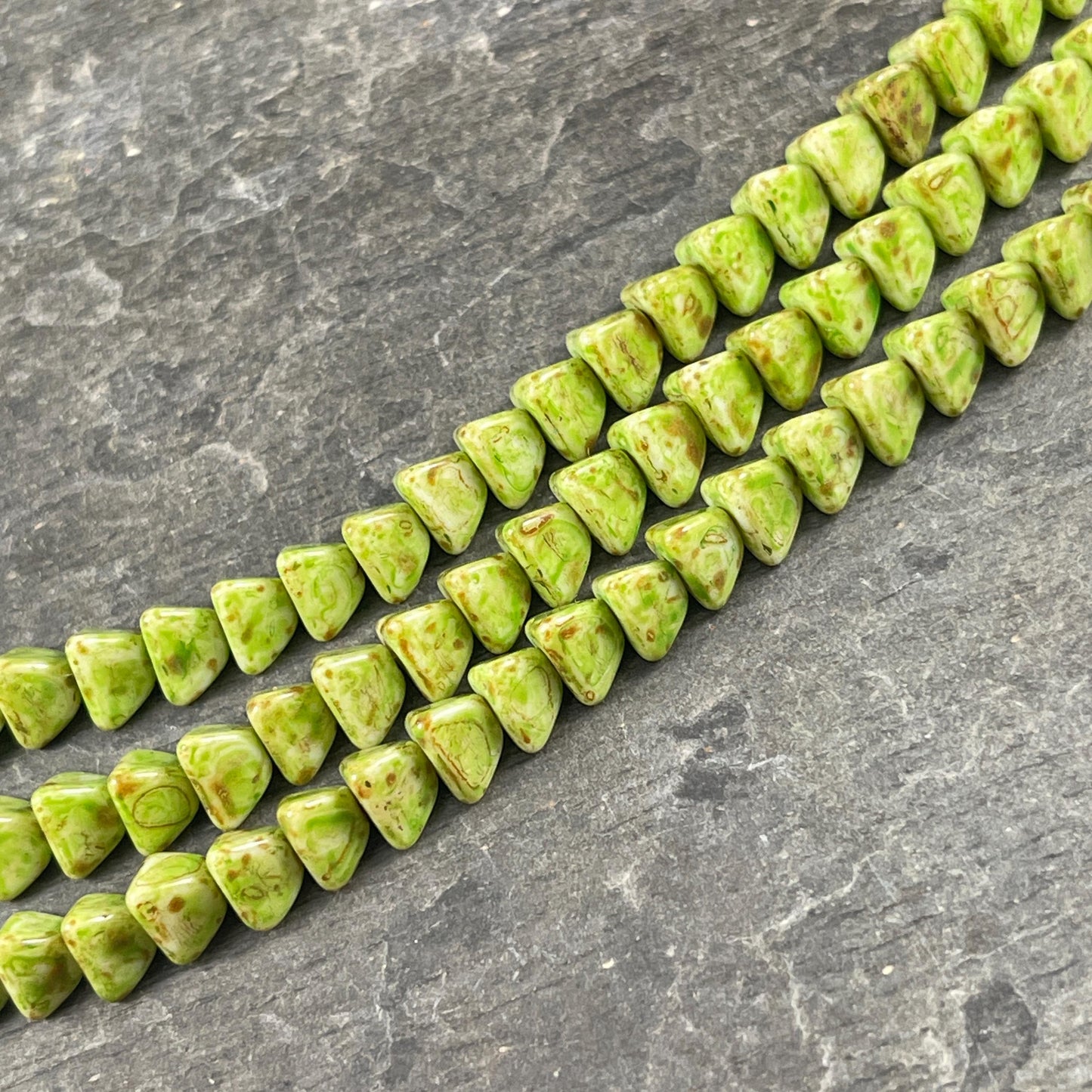 5mm Pyramid Beads, Alabaster with Moss Green Picasso, Small Triangle Beads (TP9) * 35 Beads