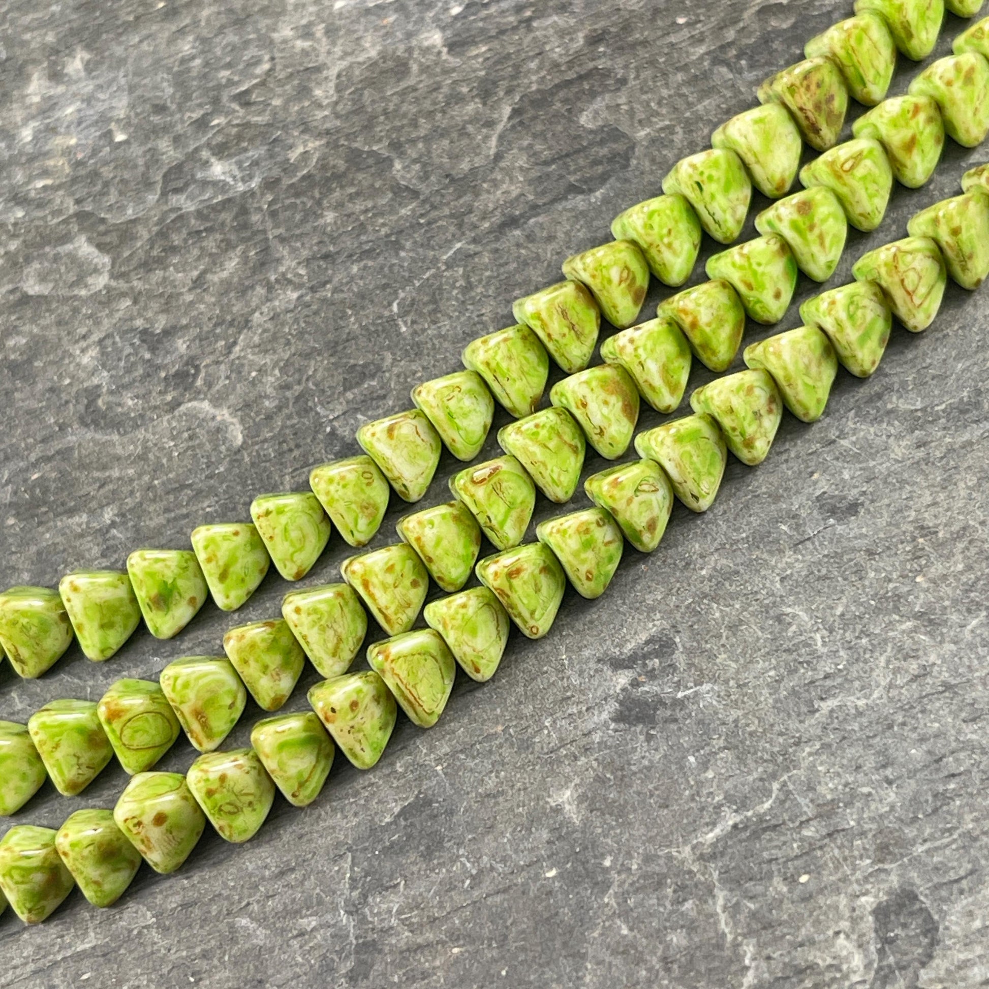 5mm Pyramid Beads, Alabaster with Moss Green Picasso, Small Triangle Beads (TP9) * 35 Beads
