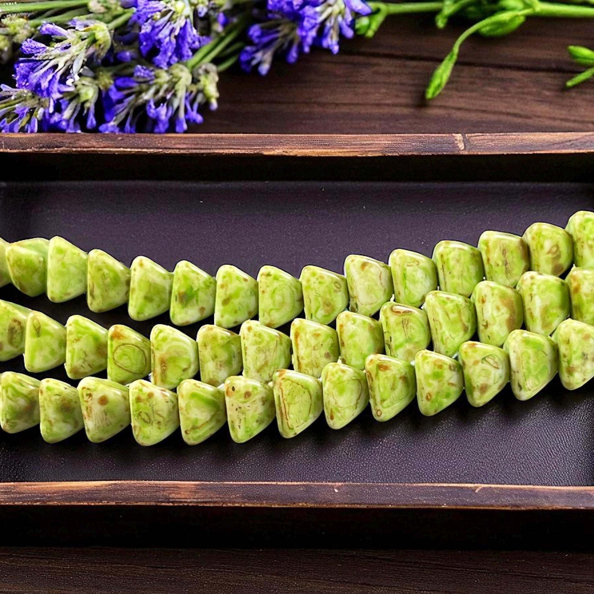 5mm Pyramid Beads, Alabaster with Moss Green Picasso, Small Triangle Beads (TP9) * 35 Beads