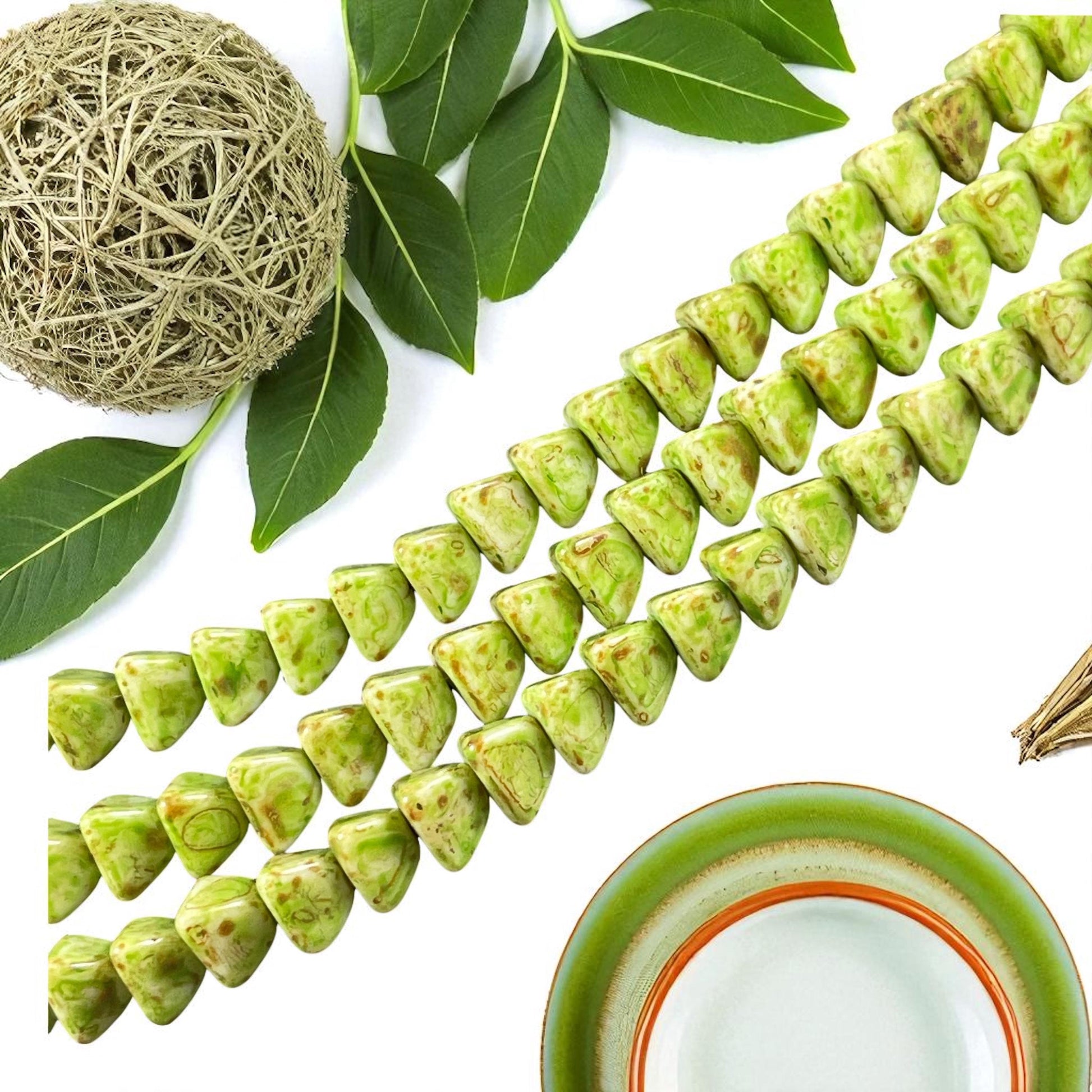 5mm Pyramid Beads, Alabaster with Moss Green Picasso, Small Triangle Beads (TP9) * 35 Beads