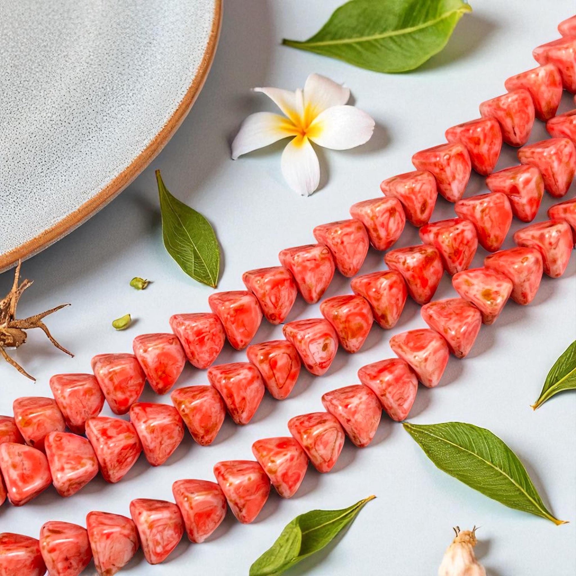 5mm Pyramid Beads, Alabaster with Coral Picasso, Small Triangle Beads (TP8) * 35 Beads
