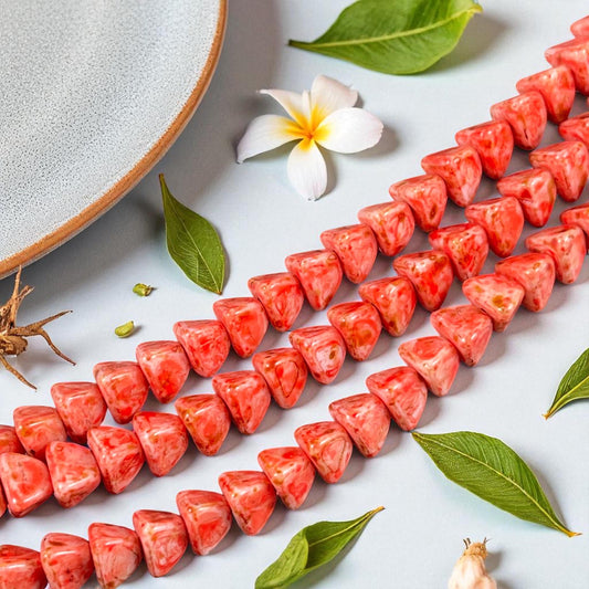 5mm Pyramid Beads, Alabaster with Coral Picasso, Small Triangle Beads (TP8) * 35 Beads