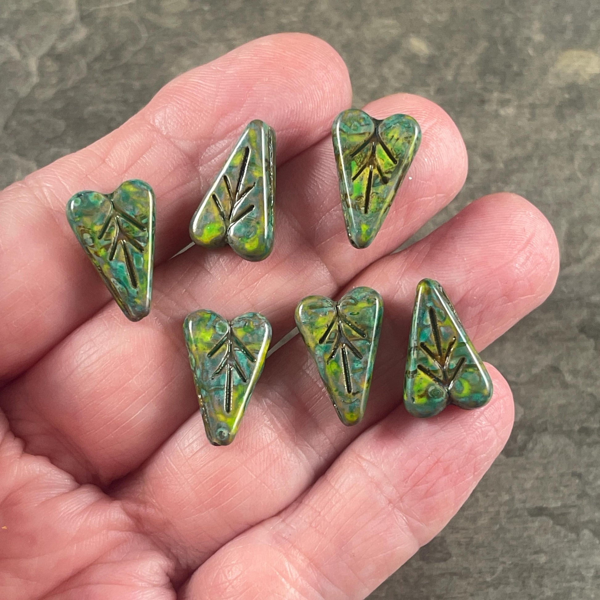 Czech Glass Beads, 16x11mm Elongated Heart Shape Beads, Opaque Rain Forest Green, Yellow and Blue Picasso (PHL11) * Qty. 8