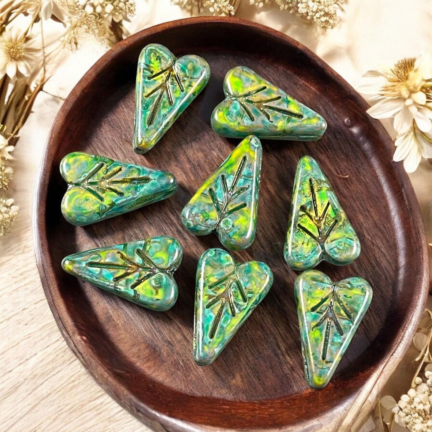 Czech Glass Beads, 16x11mm Elongated Heart Shape Beads, Opaque Rain Forest Green, Yellow and Blue Picasso (PHL11) * Qty. 8