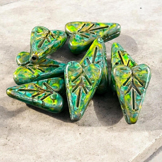 Czech Glass Beads, 16x11mm Elongated Heart Shape Beads, Opaque Rain Forest Green, Yellow and Blue Picasso (PHL11) * Qty. 8