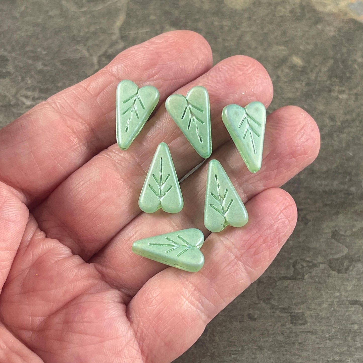 Czech Glass Beads, 16x11mm Elongated Heart Shape Beads, Matte Mint Green with Full AB Finish (PHL14) * Qty. 8