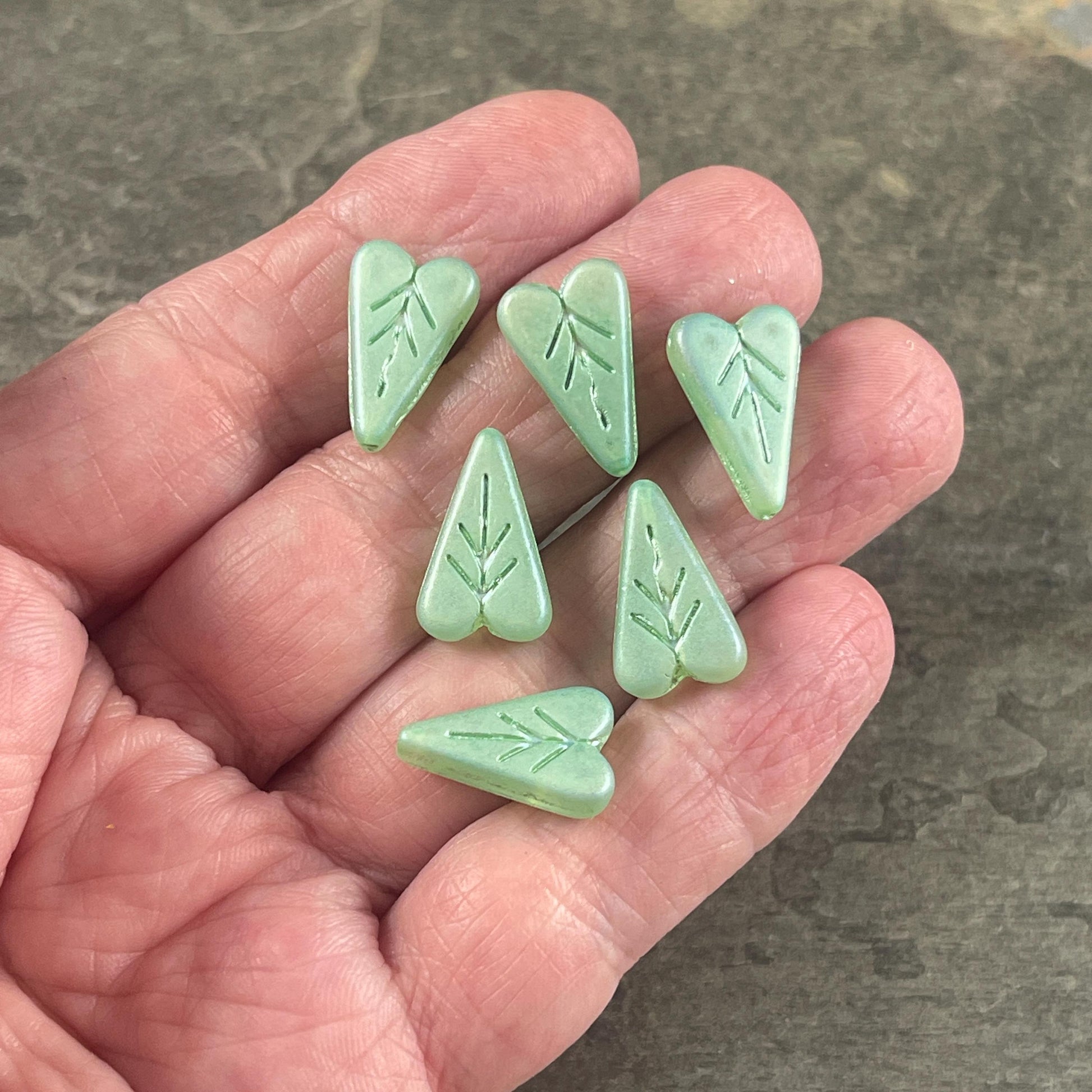 Czech Glass Beads, 16x11mm Elongated Heart Shape Beads, Matte Mint Green with Full AB Finish (PHL14) * Qty. 8
