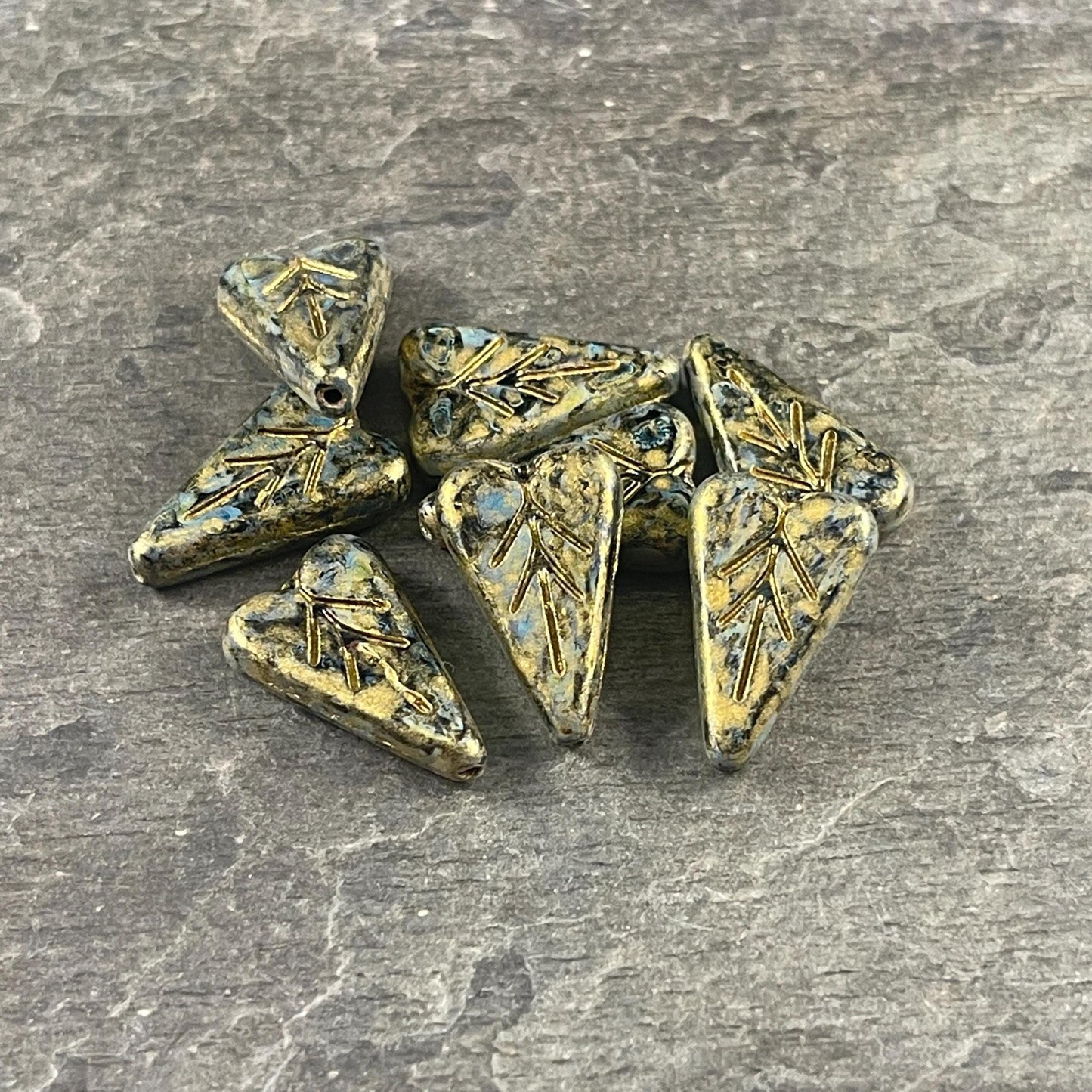 Czech Glass Beads, 16x11mm Elongated Heart Shape Beads, Black with Travertine and Heavy Gold Picasso Finishes (PHL8) * Qty. 8