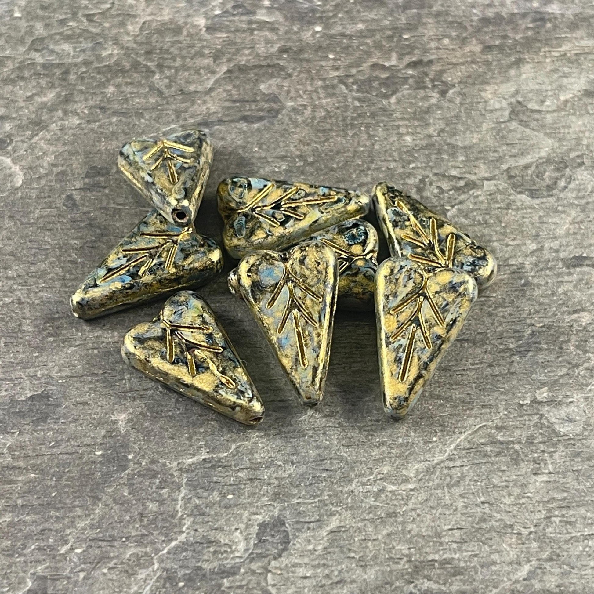 Czech Glass Beads, 16x11mm Elongated Heart Shape Beads, Black with Travertine and Heavy Gold Picasso Finishes (PHL8) * Qty. 8