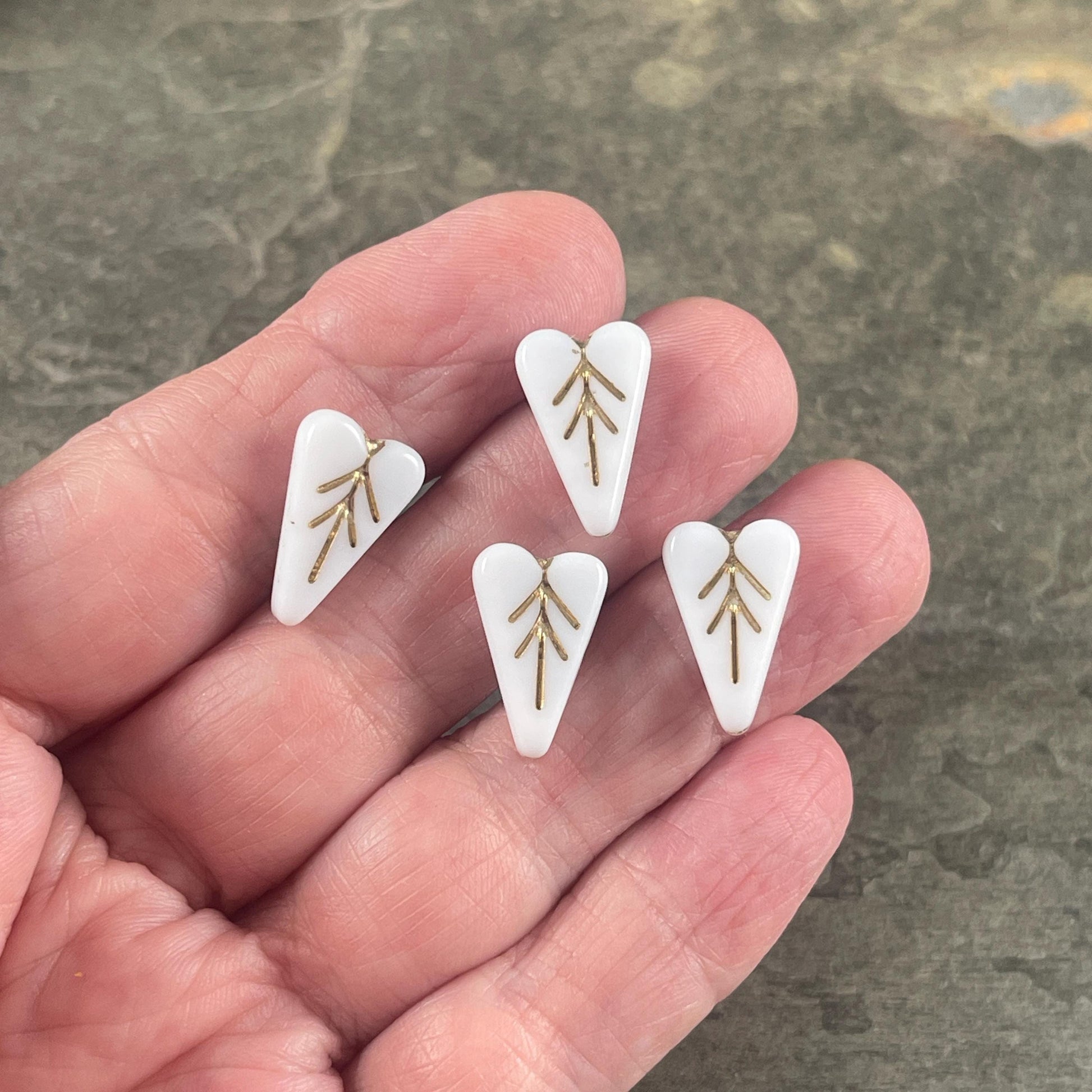 Czech Glass Beads, 16x11mm Elongated Heart Shape Beads, White with Antiqued Gold Wash (PHL10) * Qty. 8