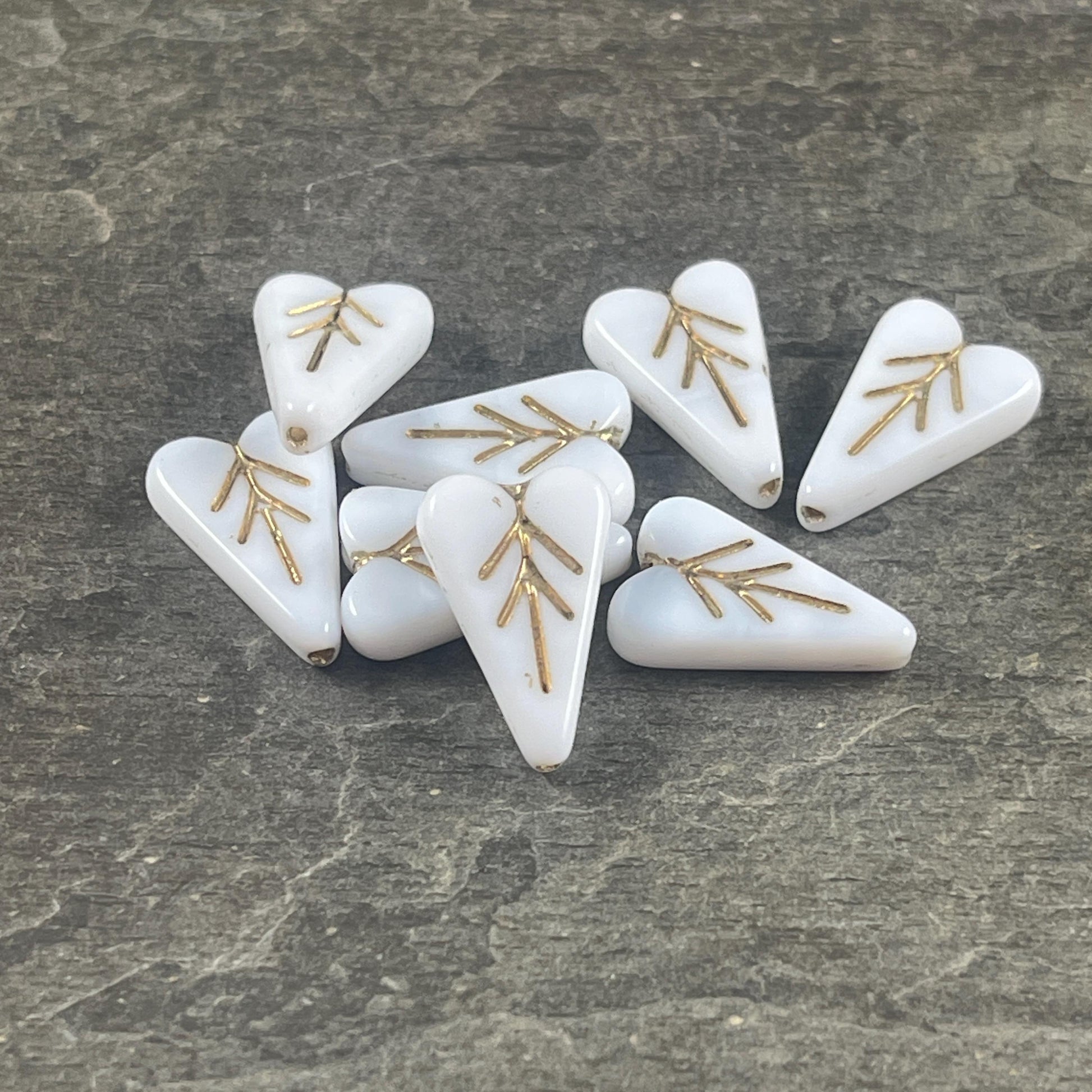 Czech Glass Beads, 16x11mm Elongated Heart Shape Beads, White with Antiqued Gold Wash (PHL10) * Qty. 8