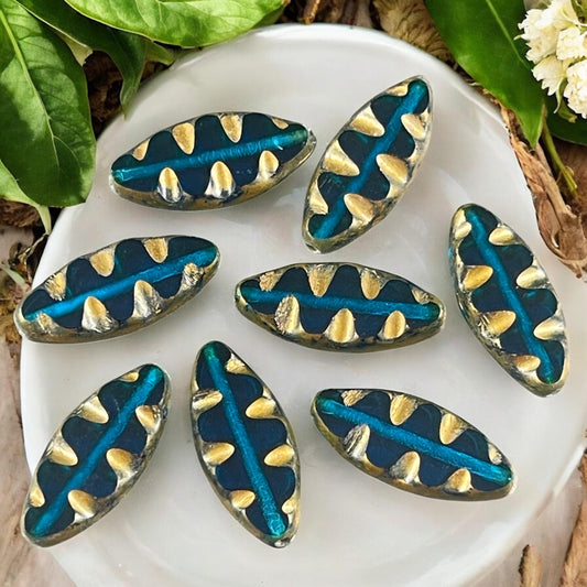 Czech Glass Beads - Capri Blue and Gold Oval Spindle Bead, 17x8mm Table Cut Spindle (TSpndl-13) * Qty. 8