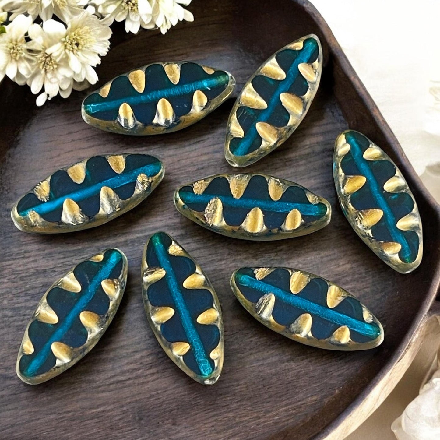Czech Glass Beads - Capri Blue and Gold Oval Spindle Bead, 17x8mm Table Cut Spindle (TSpndl-13) * Qty. 8