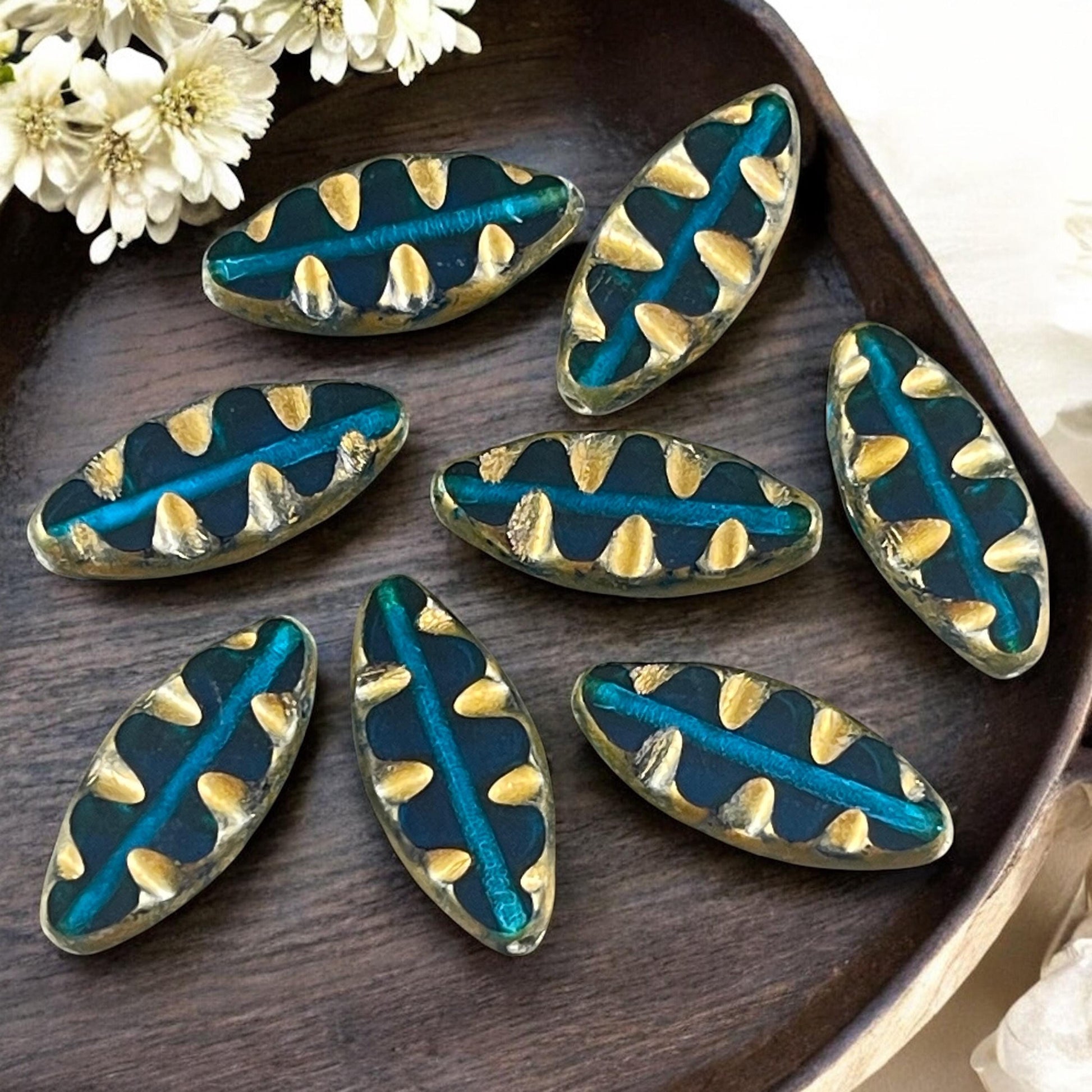 Czech Glass Beads - Capri Blue and Gold Oval Spindle Bead, 17x8mm Table Cut Spindle (TSpndl-13) * Qty. 8