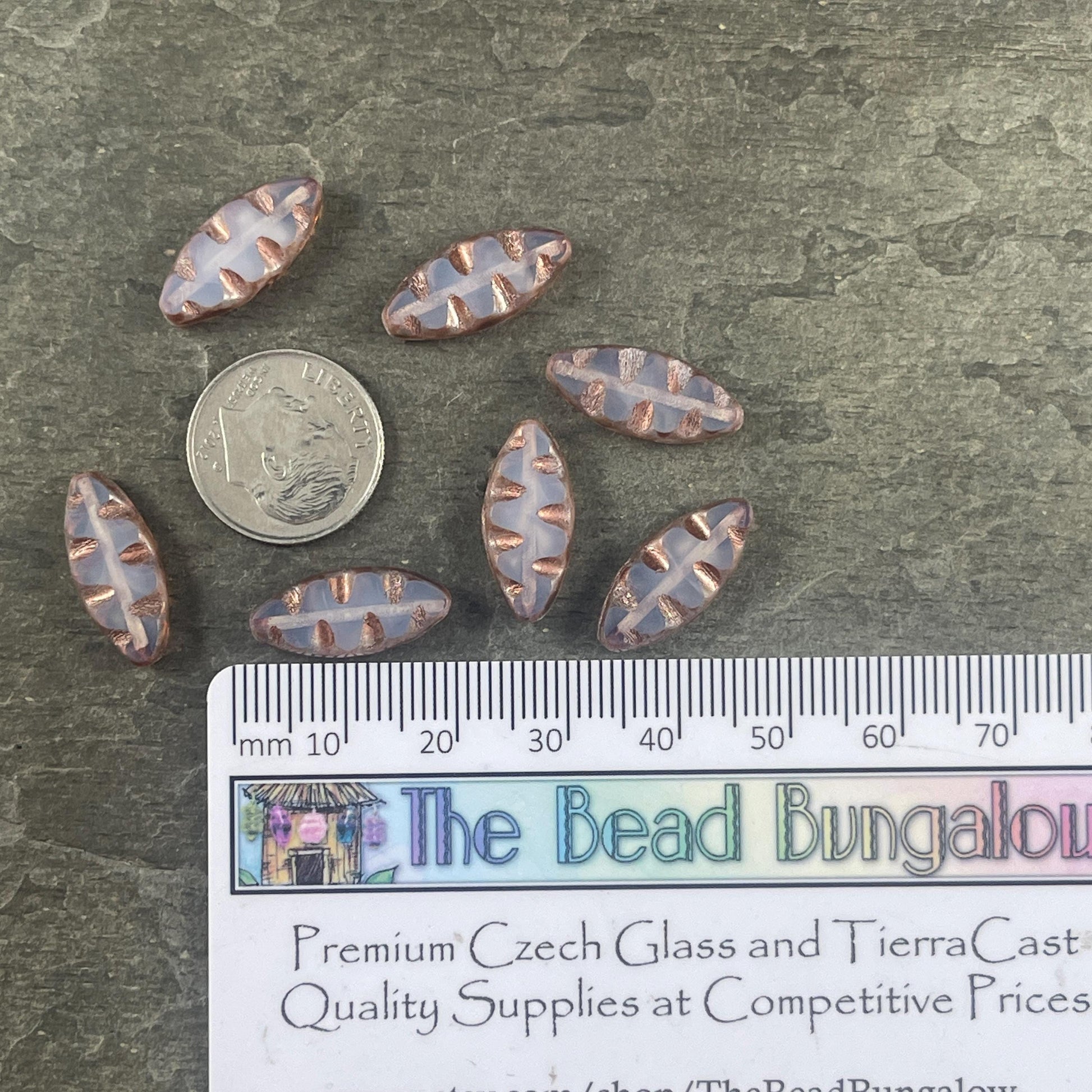 Czech Glass Beads - Pale Periwinkle Opal with Copper Picasso Oval Spindle Bead, 17x8mm Table Cut Spindle (TSpndl-15) * Qty. 8
