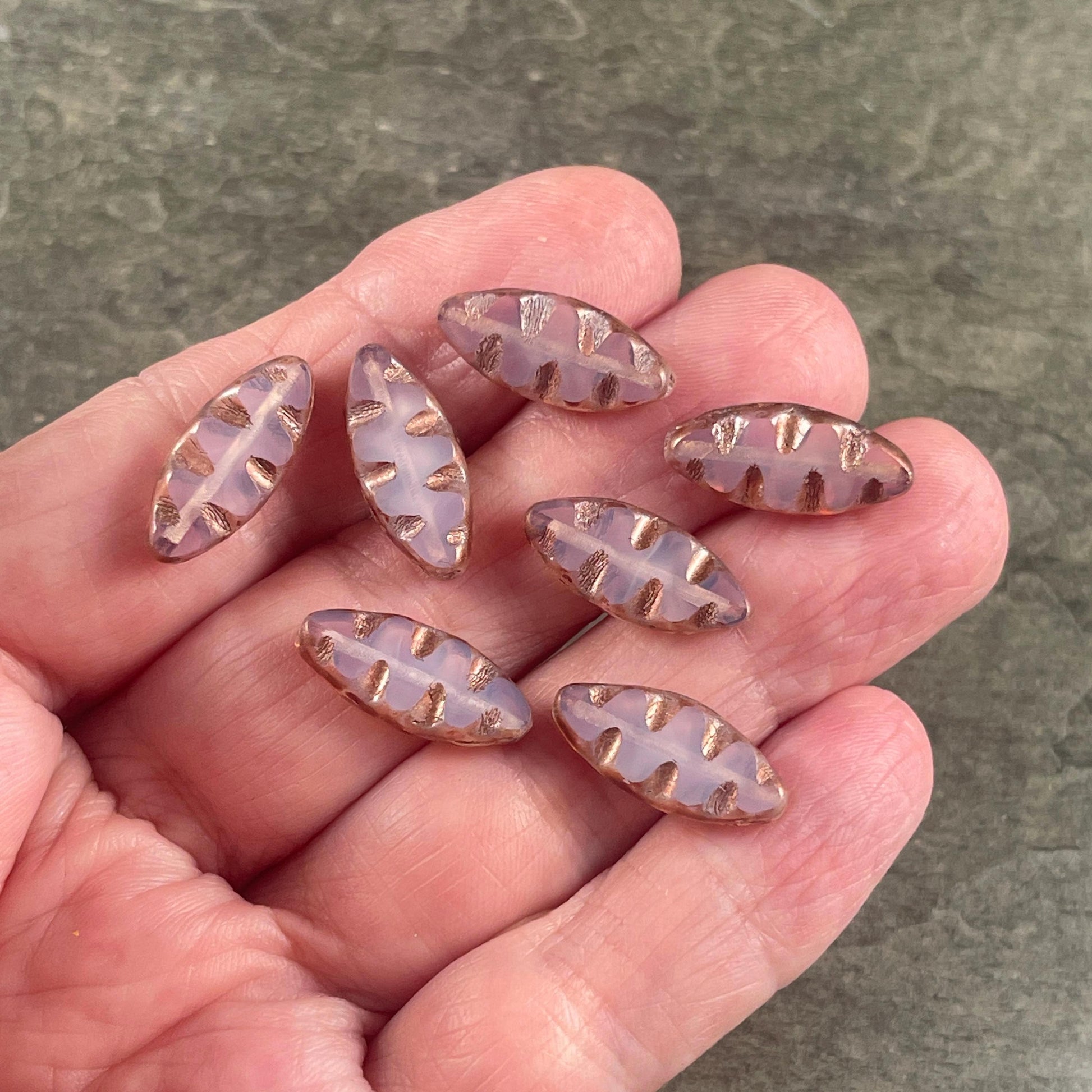 Czech Glass Beads - Pale Periwinkle Opal with Copper Picasso Oval Spindle Bead, 17x8mm Table Cut Spindle (TSpndl-15) * Qty. 8