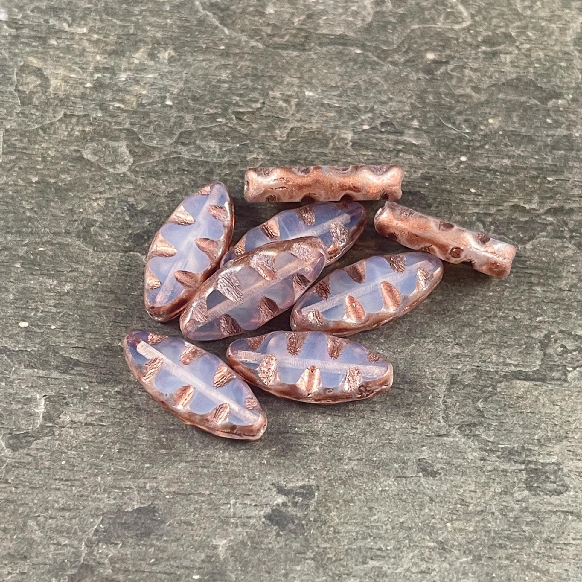 Czech Glass Beads - Pale Periwinkle Opal with Copper Picasso Oval Spindle Bead, 17x8mm Table Cut Spindle (TSpndl-15) * Qty. 8