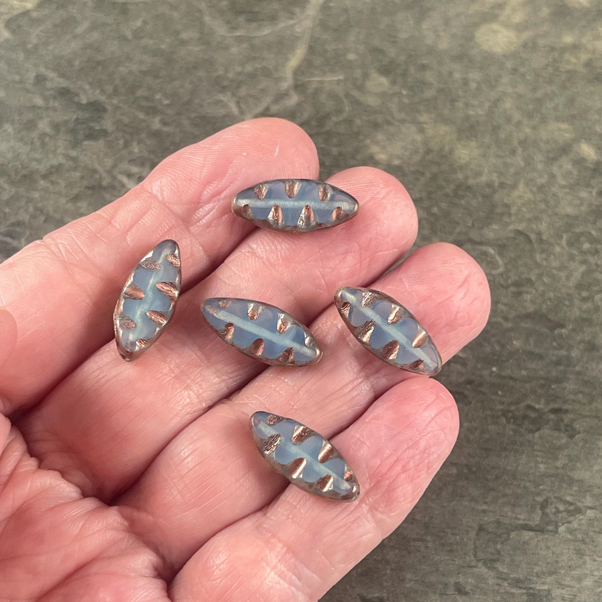 Czech Glass Beads - Pale Blue Opal with Copper Picasso Oval Spindle Bead, 17x8mm Table Cut Spindle (TSpndl-16) * Qty. 8