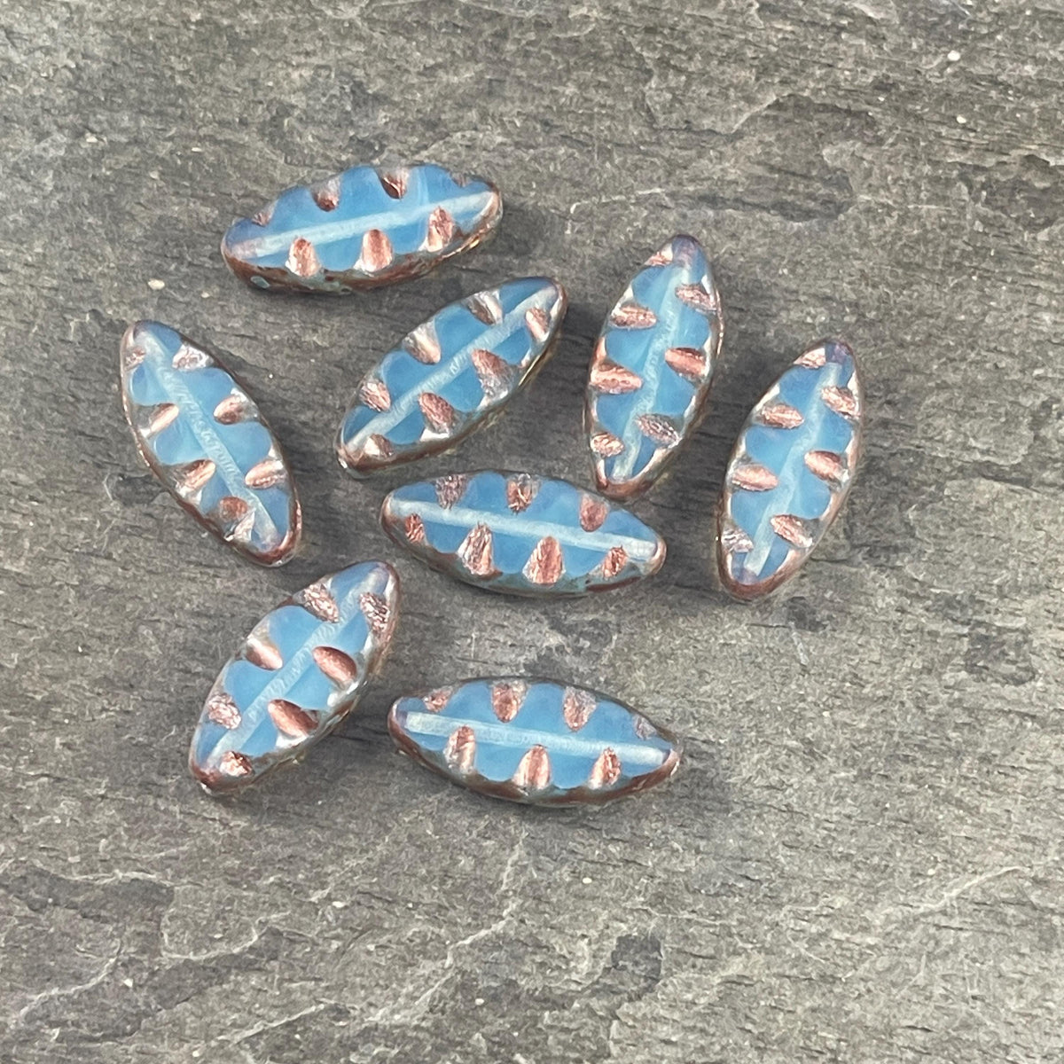 Czech Glass Beads - 17x8mm Table Cut Spindle, Pale Blue Opal with Copper Picasso (TSpndl-16) * Qty. 8