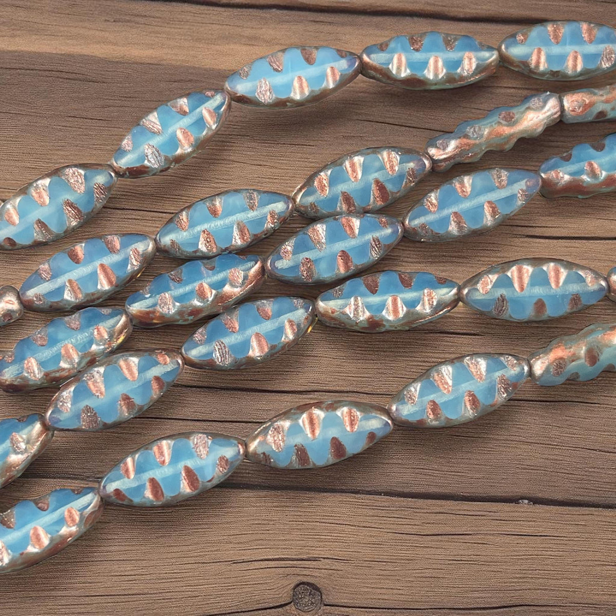 Czech Glass Beads - 17x8mm Table Cut Spindle, Pale Blue Opal with Copper Picasso (TSpndl-16) * Qty. 8