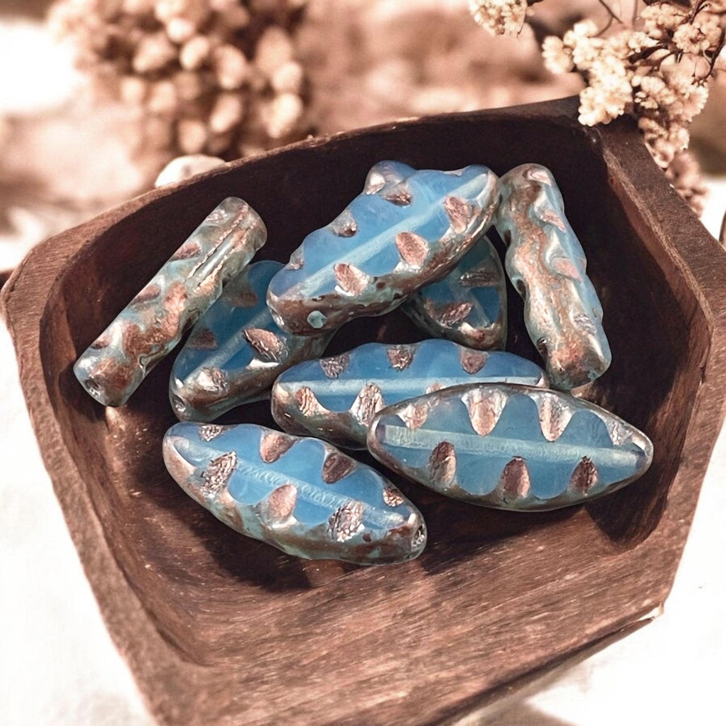 Czech Glass Beads - Pale Blue Opal with Copper Picasso Oval Spindle Bead, 17x8mm Table Cut Spindle (TSpndl-16) * Qty. 8