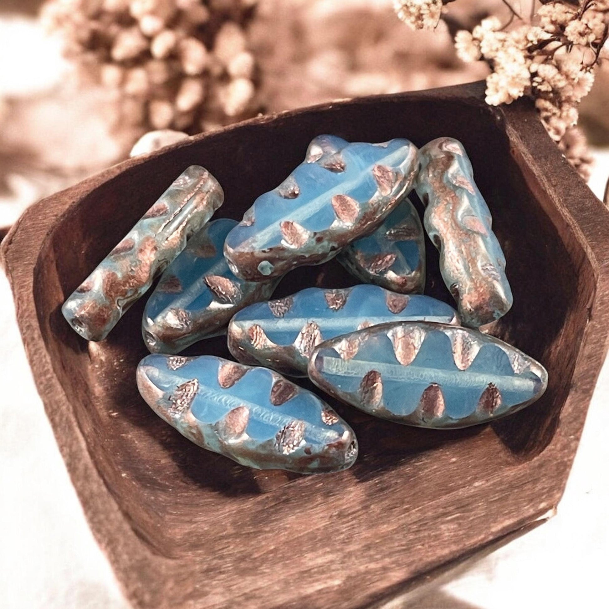 Czech Glass Beads - Pale Blue Opal with Copper Picasso Oval Spindle Bead, 17x8mm Table Cut Spindle (TSpndl-16) * Qty. 8