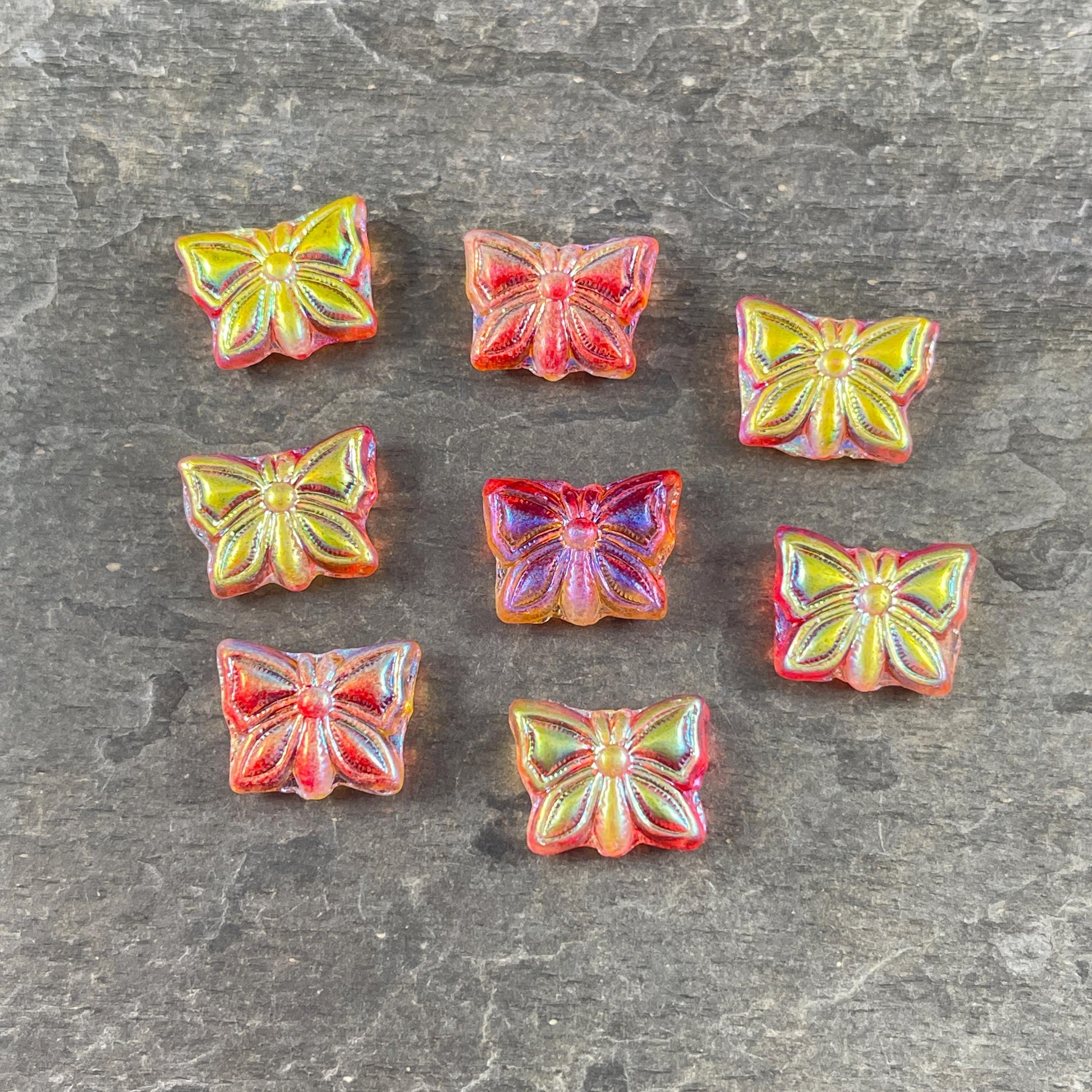 Czech Glass Beads, 15x12mm Double-Sided Butterfly Bead, Tropical Sunset, Orange and Yellow Butterflies (Bfly-1) * Qty. 6