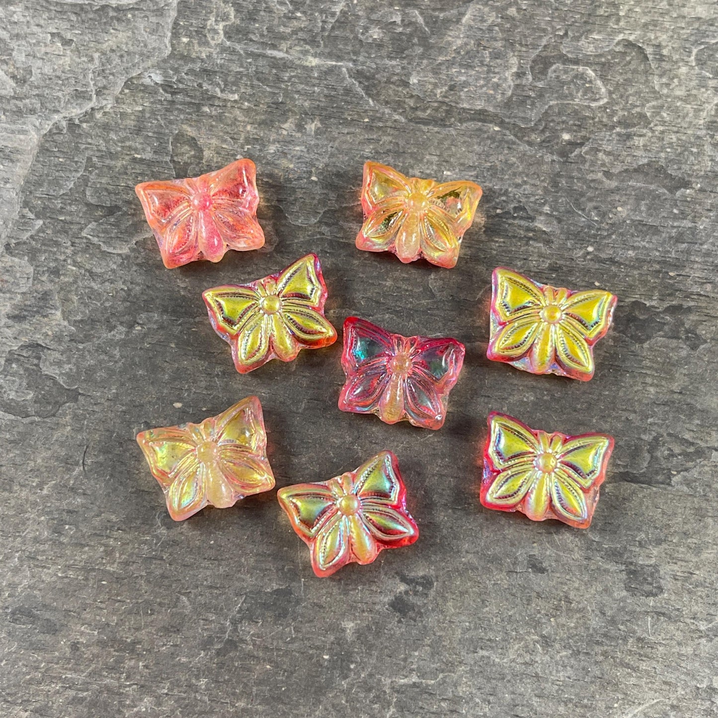 Czech Glass Beads, 15x12mm Double-Sided Butterfly Bead, Tropical Sunset, Orange and Yellow Butterflies (Bfly-1) * Qty. 6
