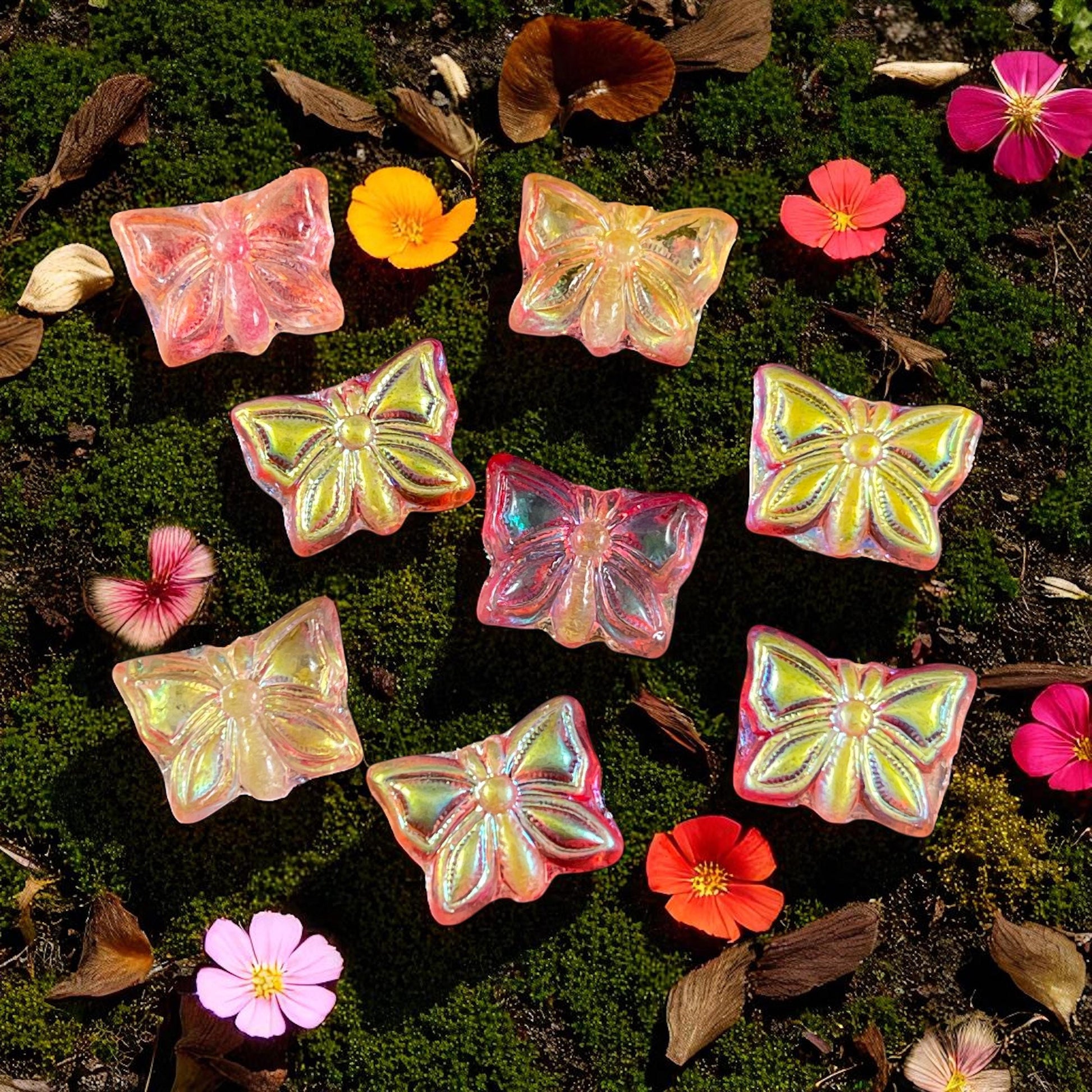 Czech Glass Beads, 15x12mm Double-Sided Butterfly Bead, Tropical Sunset, Orange and Yellow Butterflies (Bfly-1) * Qty. 6