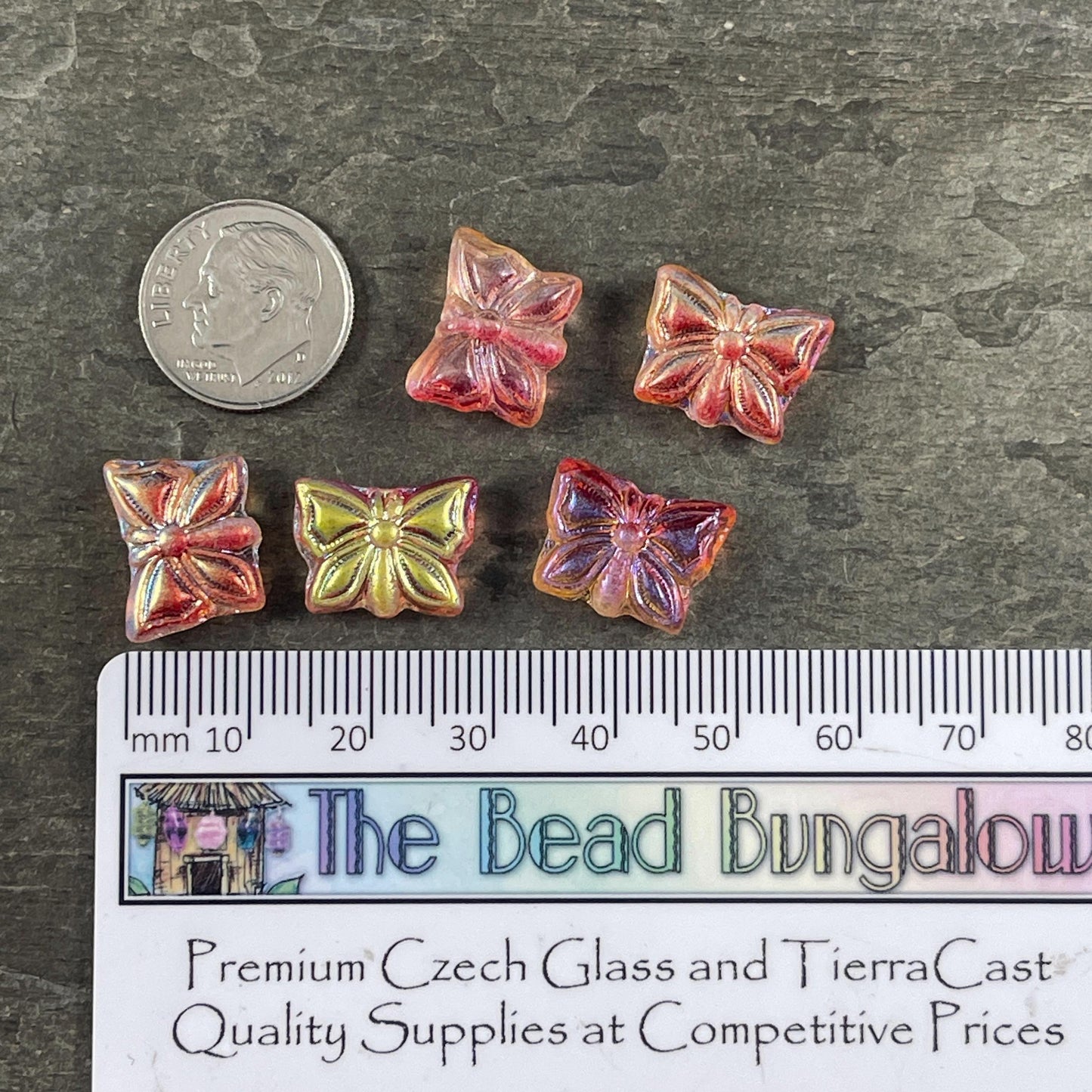 Czech Glass Beads, 15x12mm Double-Sided Butterfly Bead, Tropical Sunset, Orange and Yellow Butterflies (Bfly-1) * Qty. 6