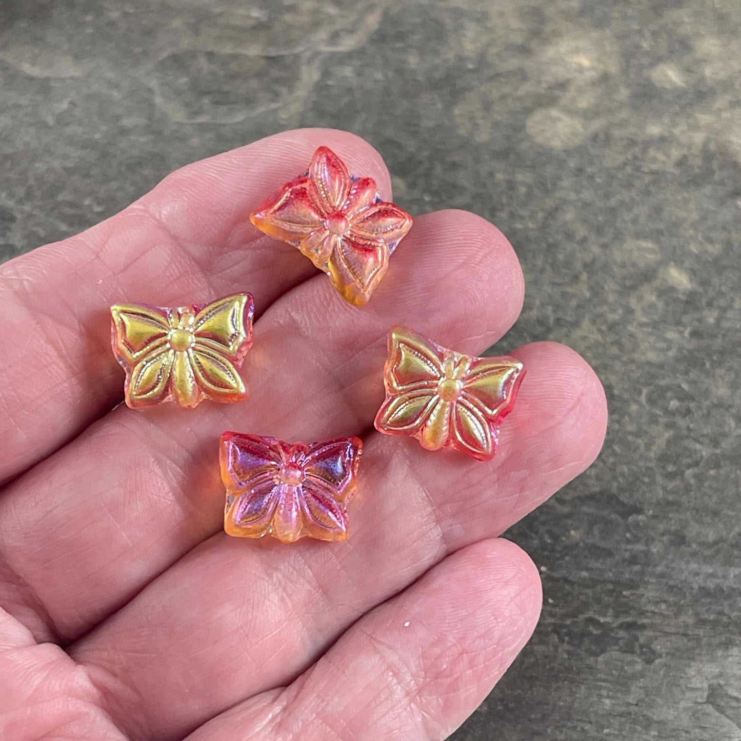 Czech Glass Beads, 15x12mm Double-Sided Butterfly Bead, Tropical Sunset, Orange and Yellow Butterflies (Bfly-1) * Qty. 6