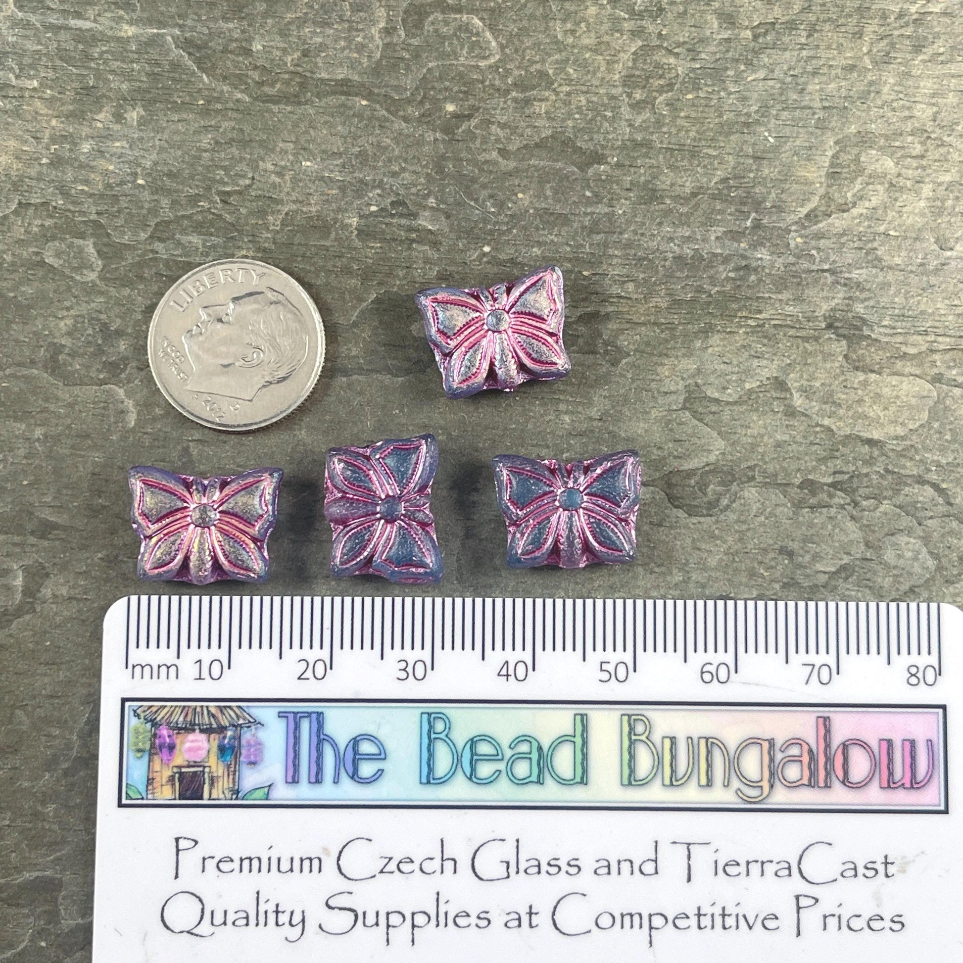 Czech Glass Butterfly Beads, 15x12mm Double-Sided, Matte Royal Blue with Metallic Pink Wash (Bfly-9) * Qty. 6