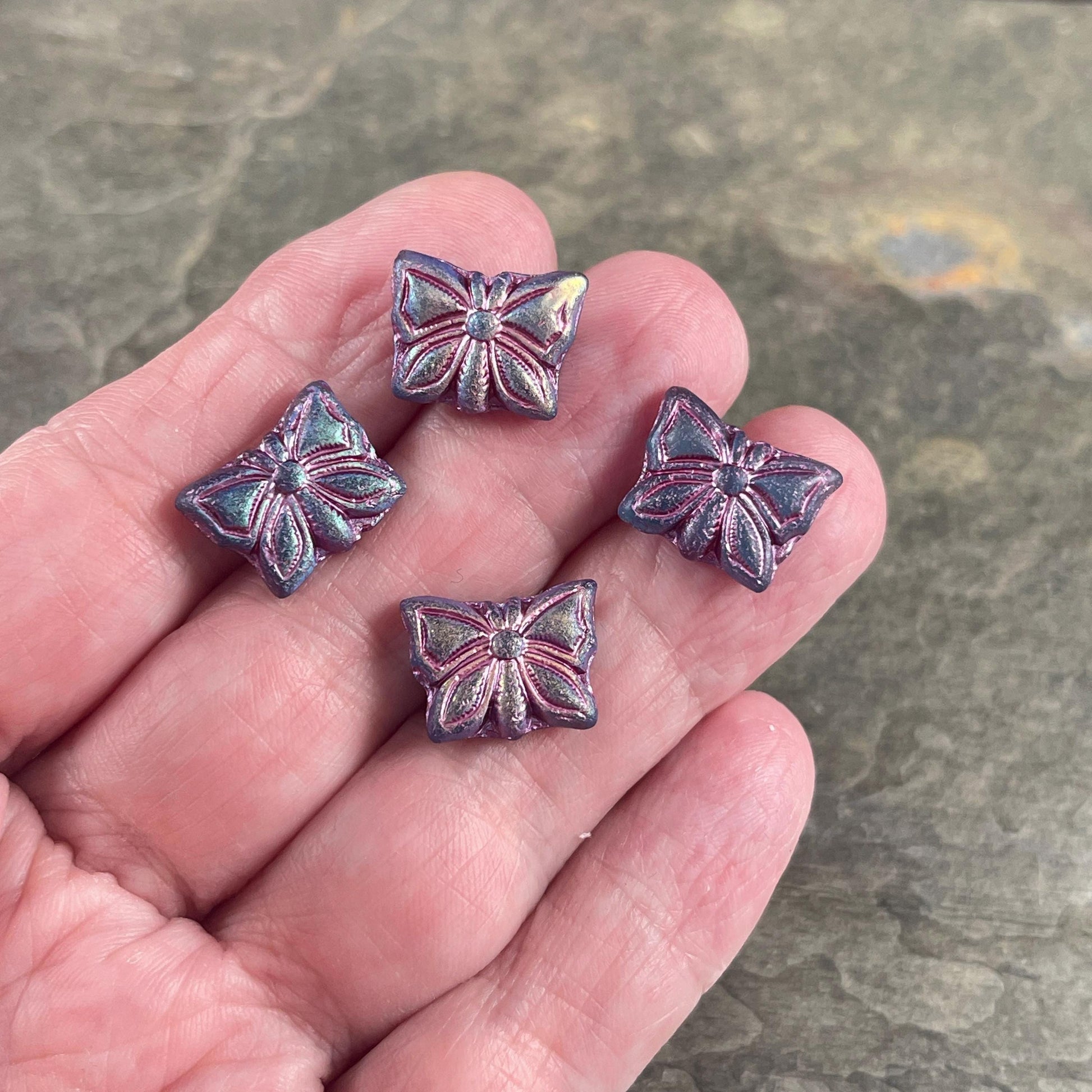 Czech Glass Beads, 15x12mm Double-Sided Butterfly Bead, Matte Royal Blue with Metallic Pink Wash (Bfly-9) * Qty. 6