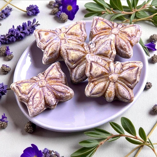Czech Glass Beads, 15x12mm Double-Sided Butterfly Bead, Alabaster with Lavender Picasso (Bfly-6) * Qty. 6