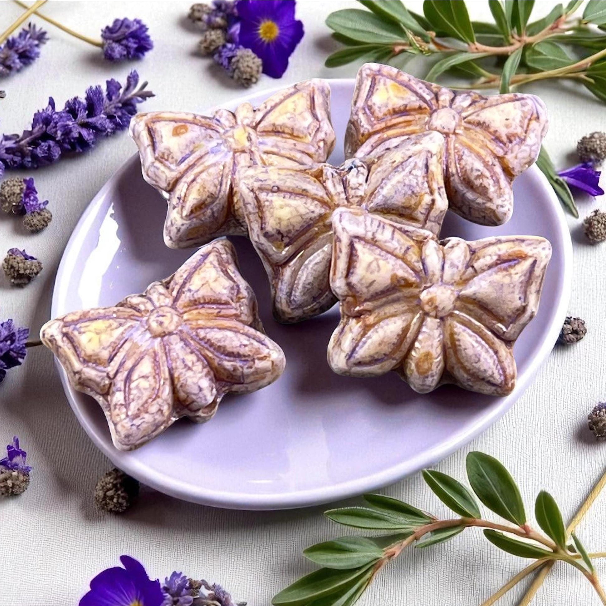 Czech Glass Butterfly Beads, 15x12mm Double-Sided, Alabaster with Lavender Picasso (Bfly-6) * Qty. 6
