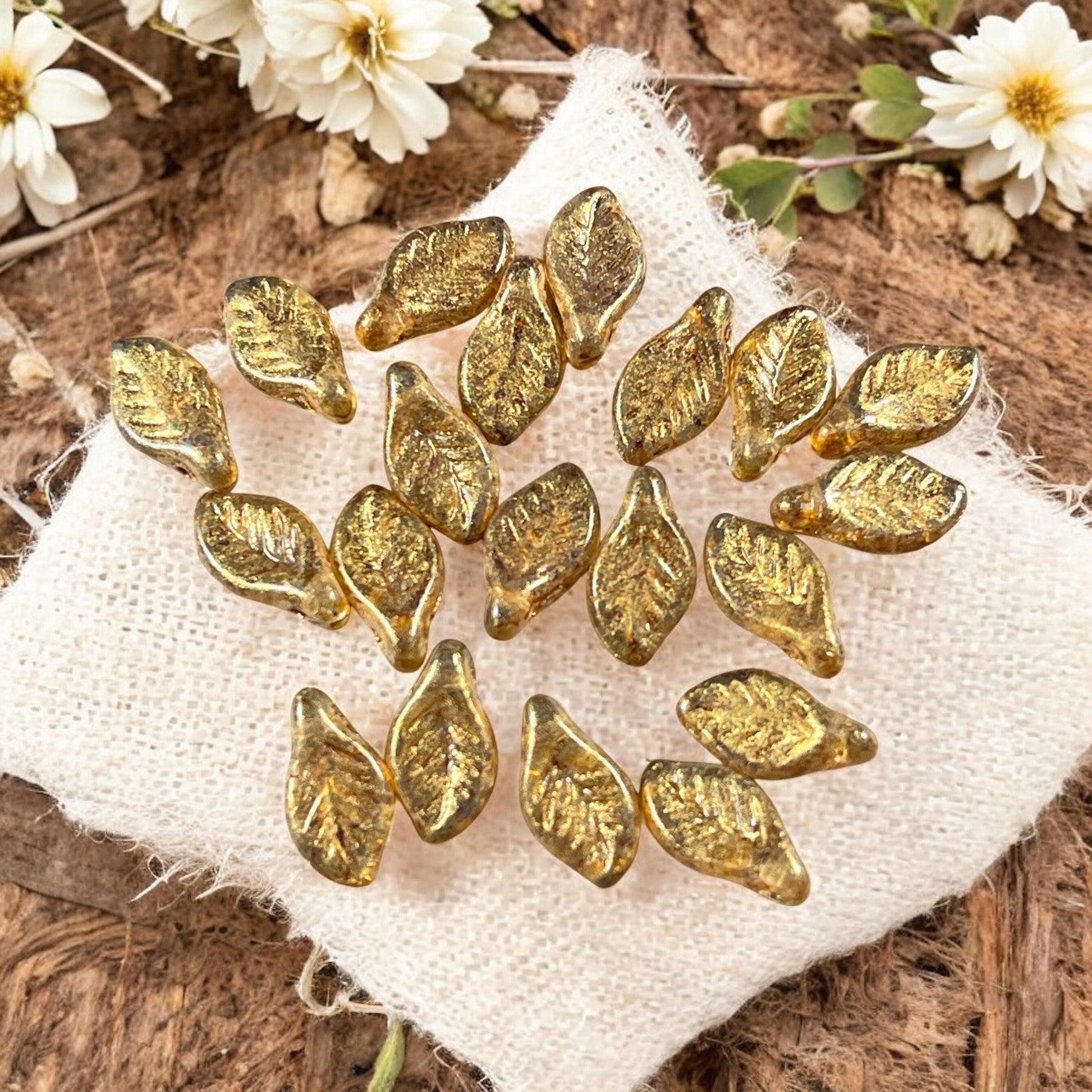 Czech Glass Beads - 12x6mm Briolette Leaf Bead, Transparent Picasso with Gold Finish (Bay7) * 20 Beads